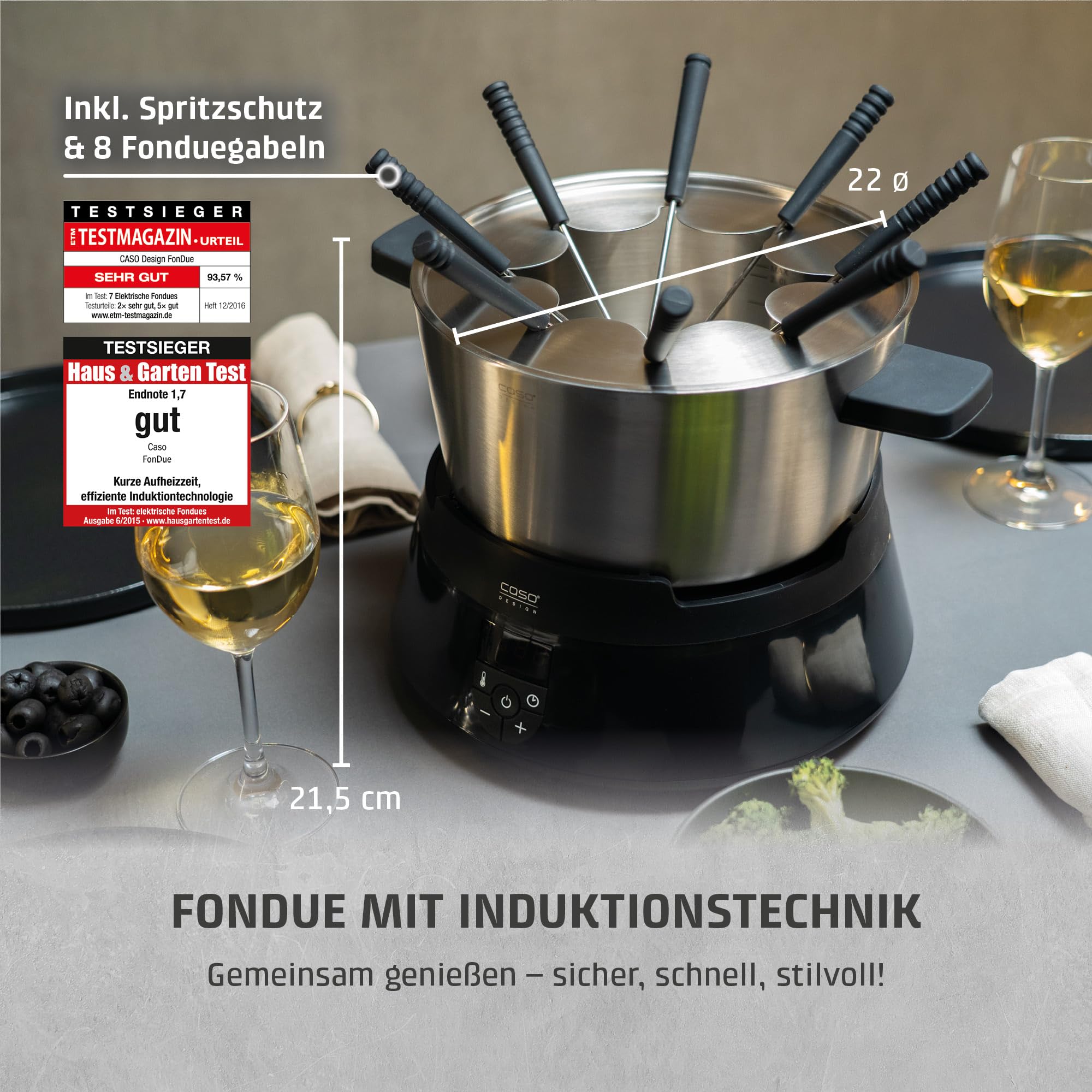 CASO Induktions FonDue - für 8 Personen, Temperatureinstellung von 60 bis 240 °C, gleichmäßige Erwärmung durch hochwertigen Fonduetopf