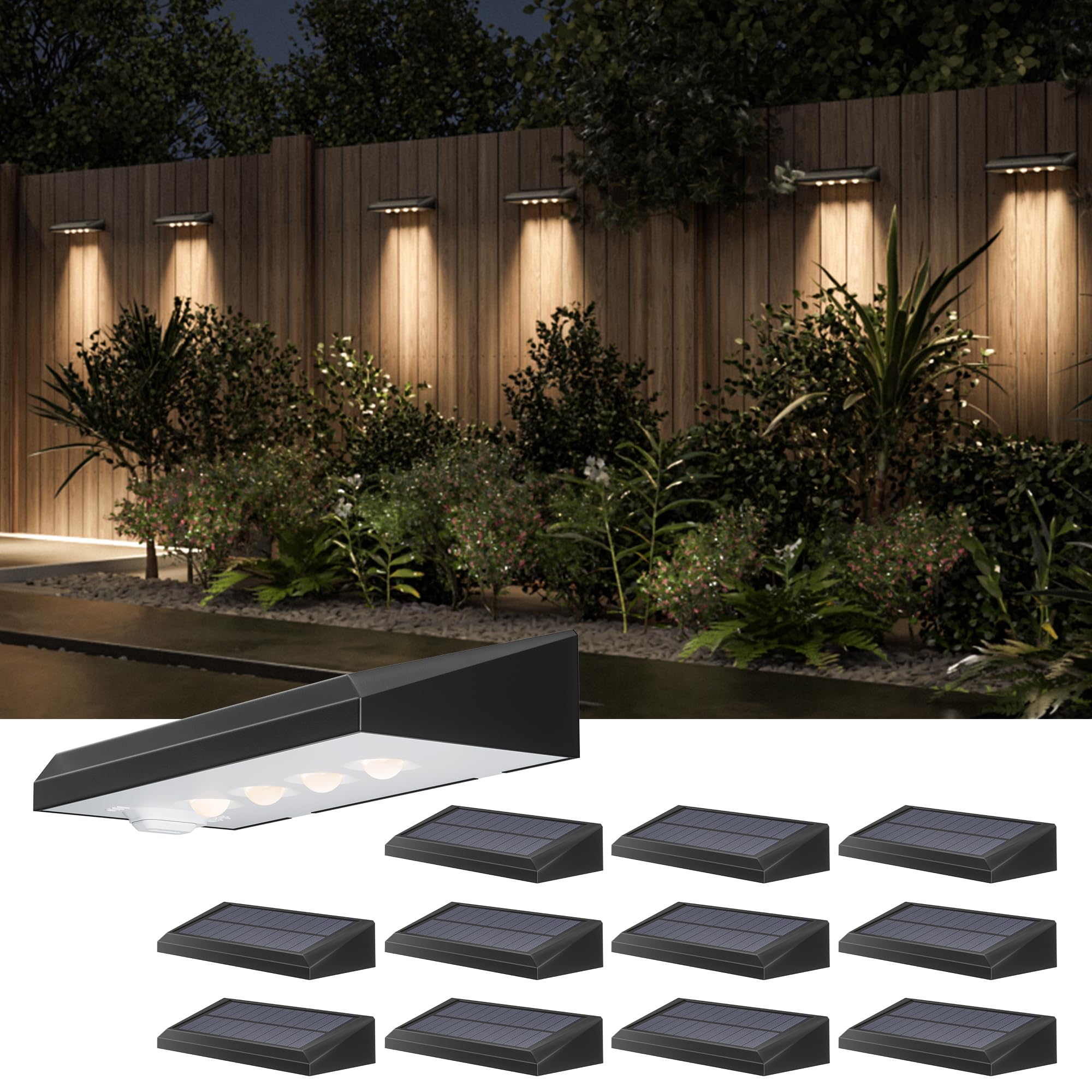 JACKYLED Solar Wandleuchte Aussen, Solarlampen für Außen Wand, 4 Linsenscheinwerfer LED Solar Zaunleuchten für Außen, Solarwandleuchten für Garten, Zaun, Terrasse (12 Stück)