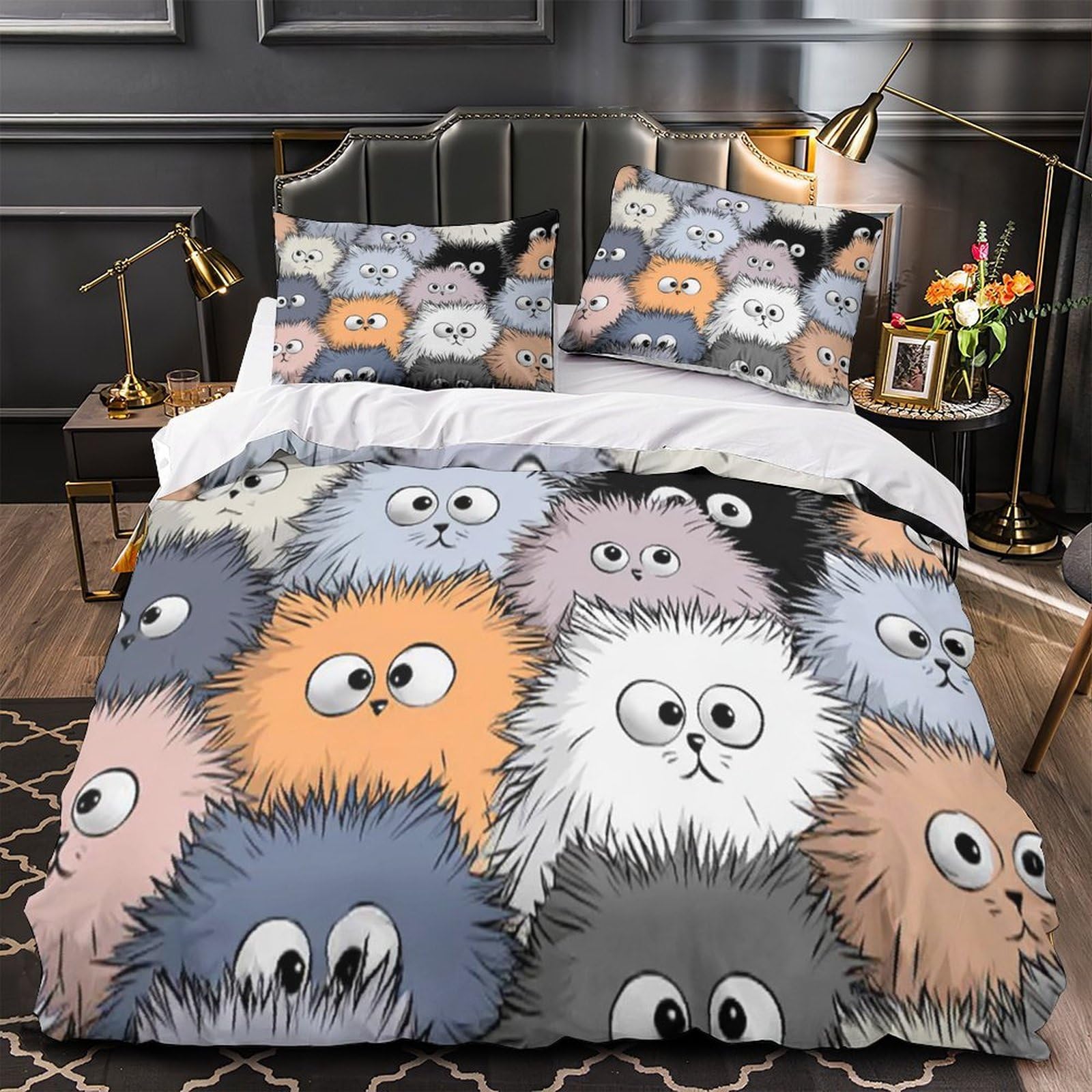 Housse de Couette Chat Dessin Animé Tout Doux Parure de Lit Microfibre 3D