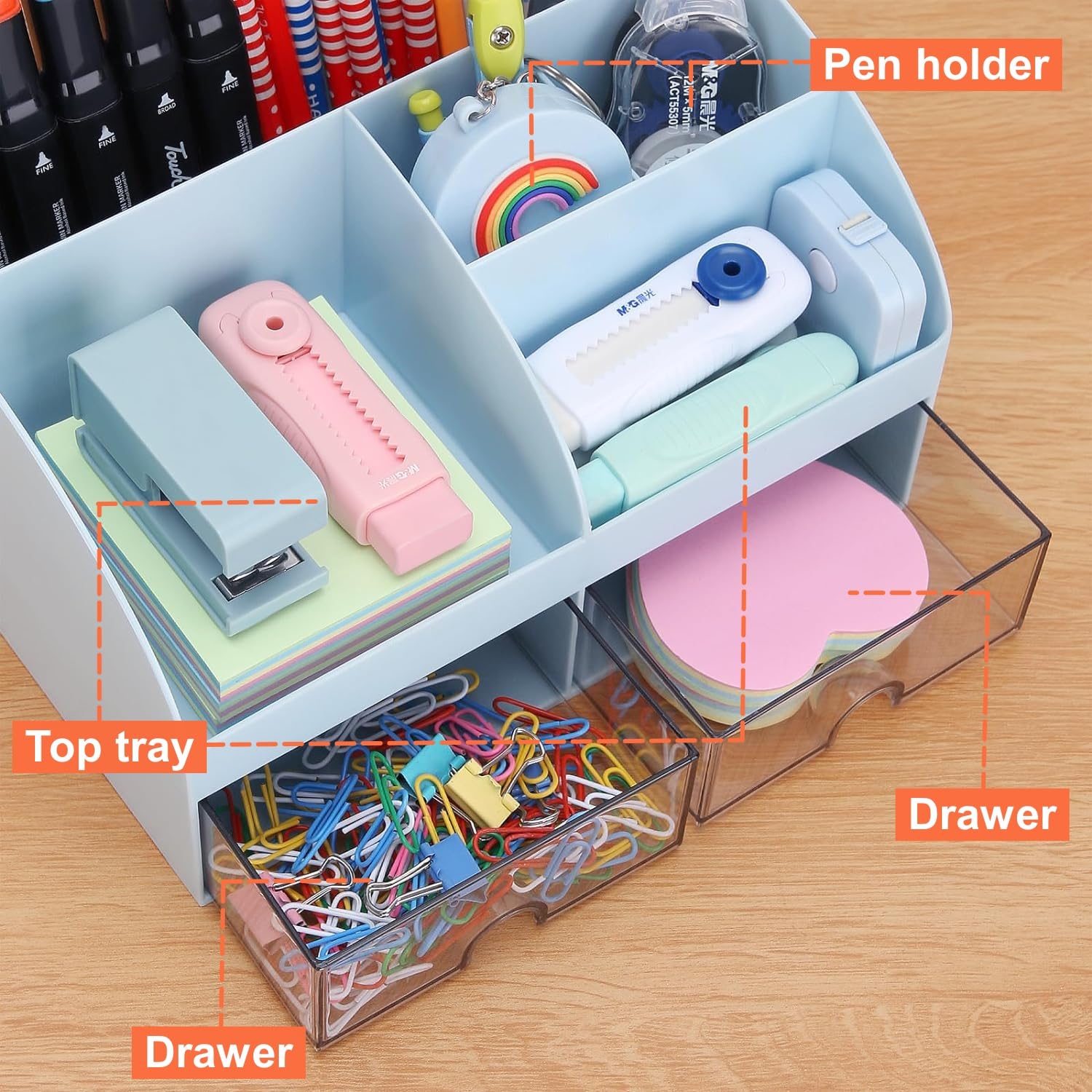 KAHEIGN Organisateur De Bureau Rose Avec 2 Tiroirs - 19,5x14cm - Range Stylos, Maquillage, Accessoires