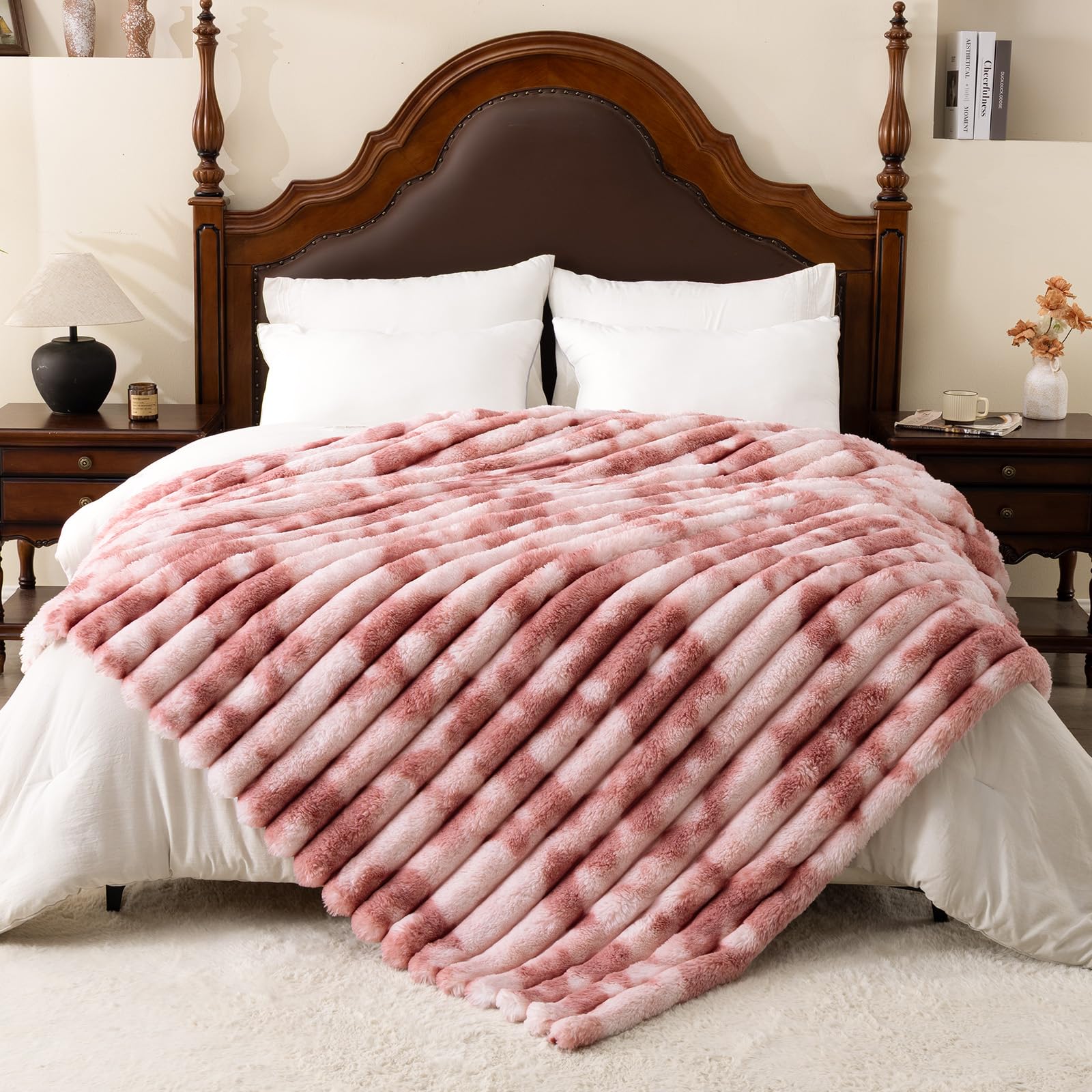 Vamcheer Kuscheldecke für Bett, 230x270 cm Super Soft Dick Wohndecke, Bubble Kaninchen Kunstfell Decke, Plüsch Doppelgesicht, Weich & Warm Überwurf, Tie-dye Rosa