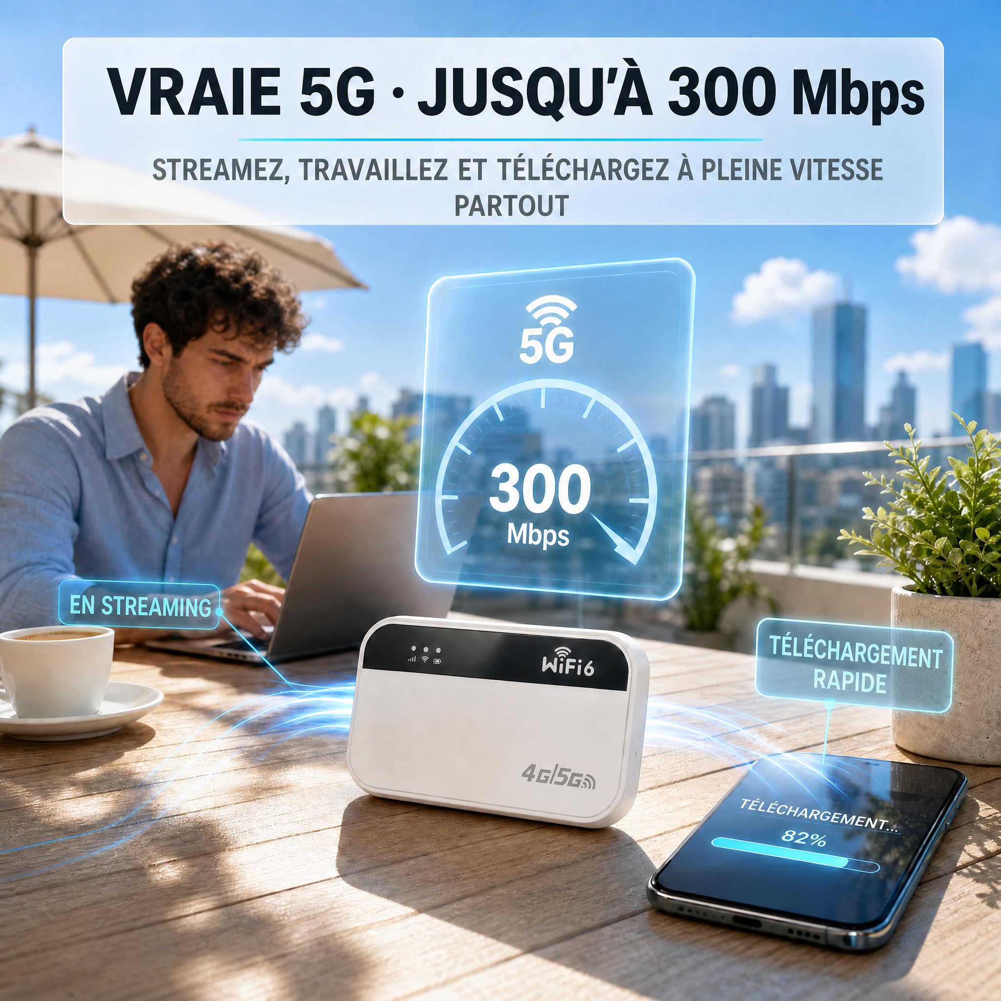 Routeur WiFi 5G Portable Slot SIM, Hotspot WiFi Nomade Voyage, Pocket WiFi | 3000mAh, 14H Autonomie, 300Mbps, 24 Appareils, WiFi 6, Sans Abonnement, Plug & Play, Voyage, Camping, Télétravail, Plein Air