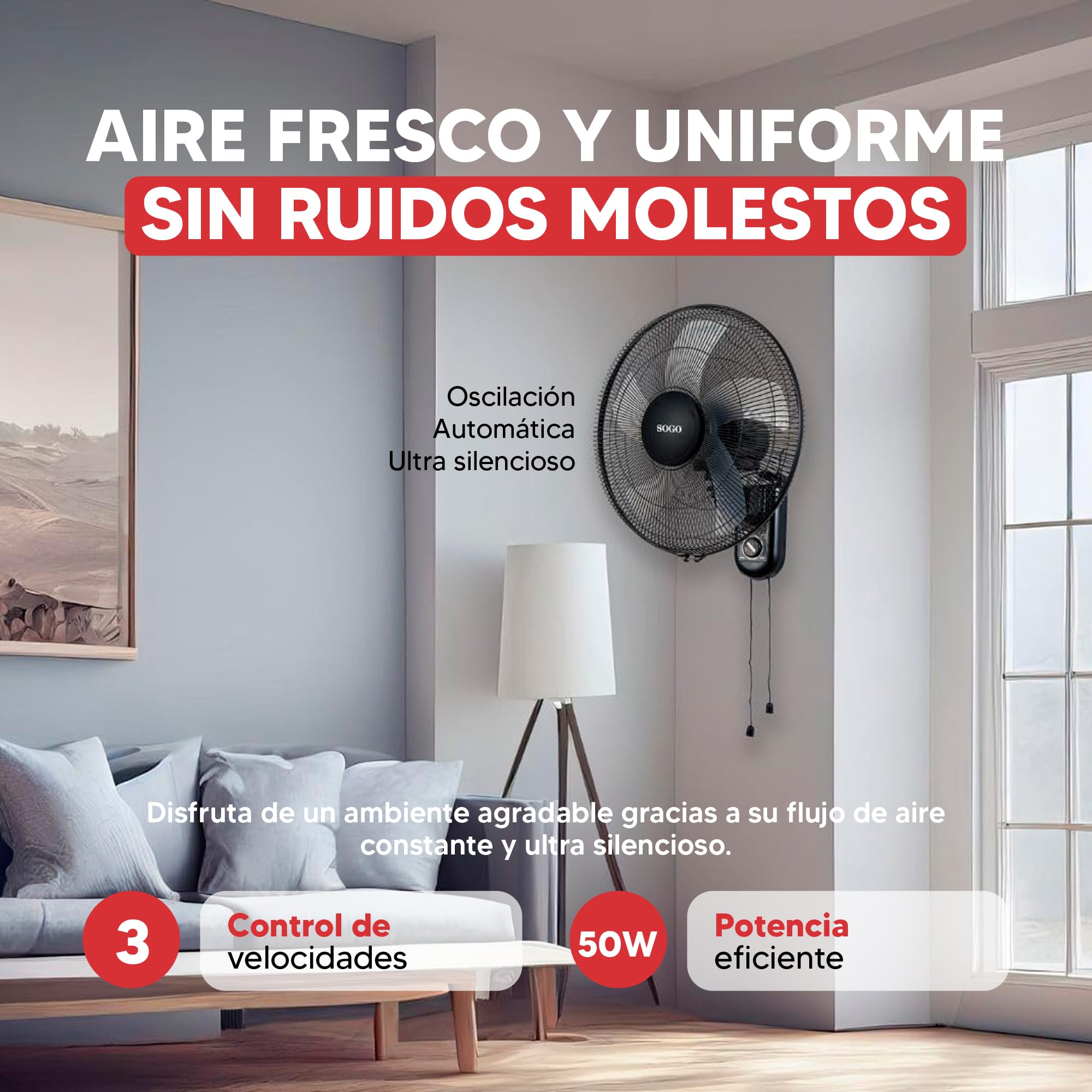 SOGO Ventilador de Pared Silencioso con 5 Aspas y 3 Velocidades - Ventilador de Pared Bajo Consumo con Oscilación Automática e Inclinación Ajustable - Ventilador Potente para Hogar u Oficina