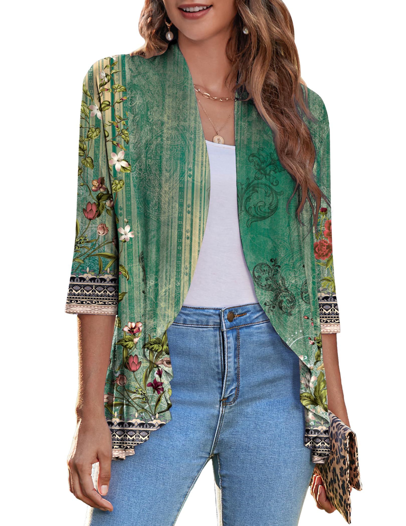 Zeagoo Women's Open Front Cardigan 2026 Spring Summer Lightweight 3/4 Sleeve Draped Ruffles Cardigans S-3XL