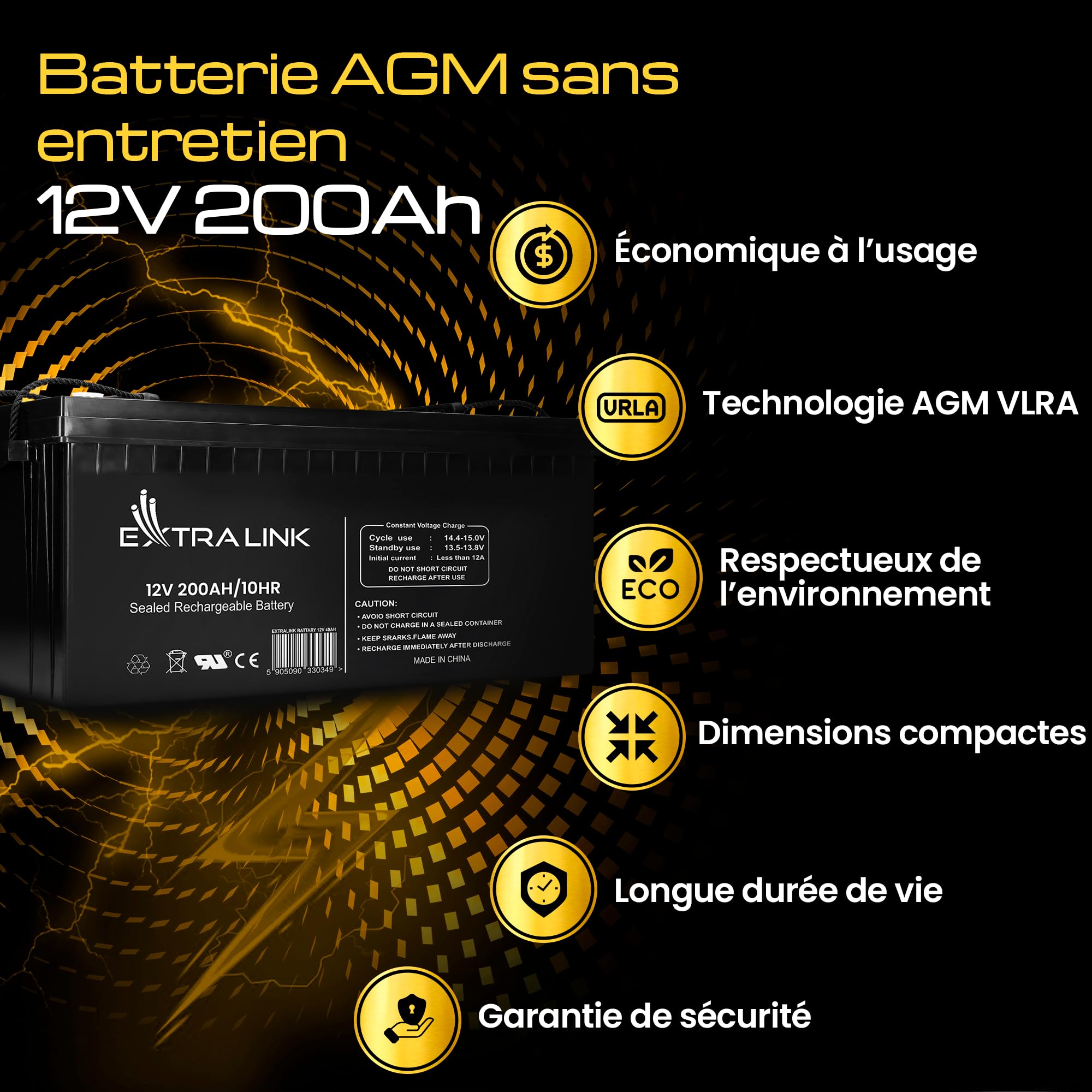 Extralink Batterie AGM 12V 200Ah - Batterie Decharge Lente sans Entretien, Anti-Fuite, Deep Cycle - Batterie Solaire, Camping-Car, UPS, Système Autonome, Alimentation de Secours