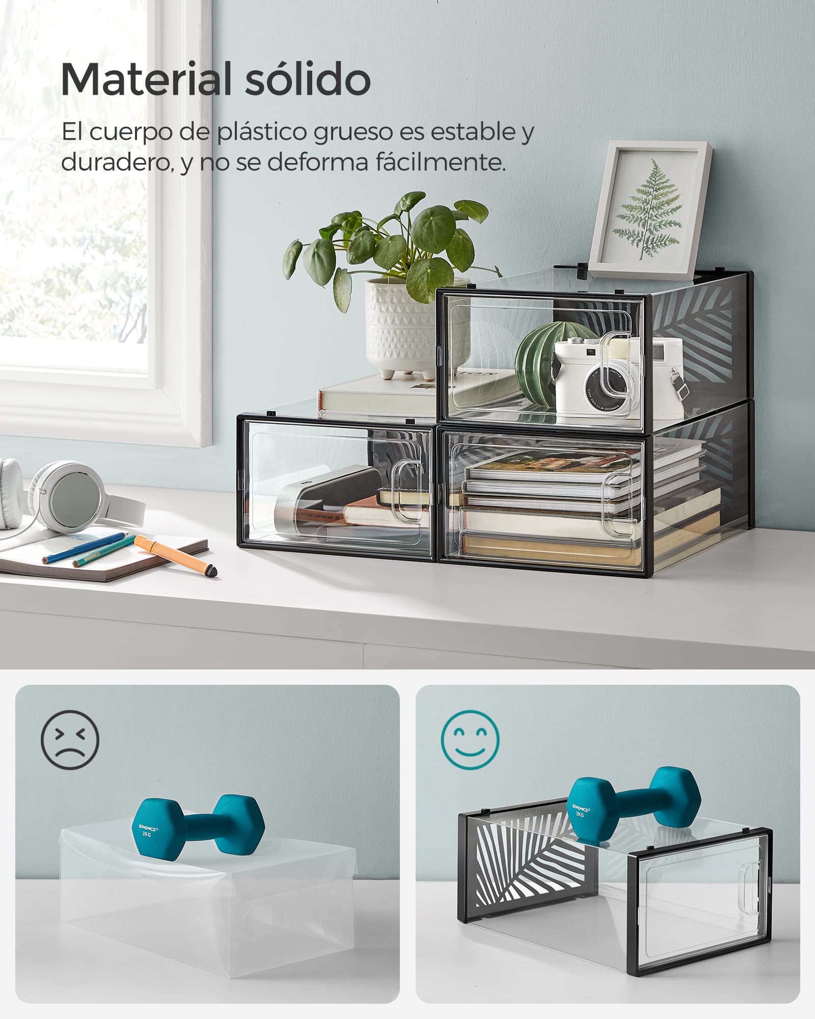 SONGMICS Cajas para Zapatos Transparentes, 18 Cajas de Zapatos, Robusta, Organizadores Plegables, Talla 44, Apilables, para Exponer Zapatillas, Tacones Altos, Transparente y Negro LSP106B18