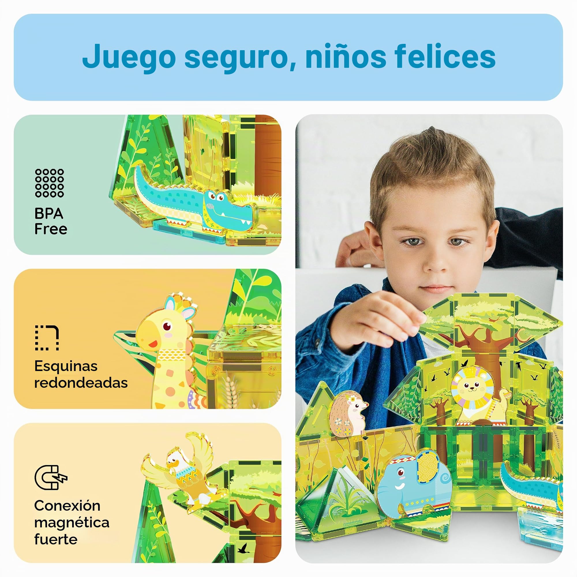 PicassoTiles Bloque de construcción de Azulejos magnéticos con temática de Safari, Juego con 8 Figuras de acción de Animales magnéticos compatibles Blocks Toddler Creativity Toys Steam Educational