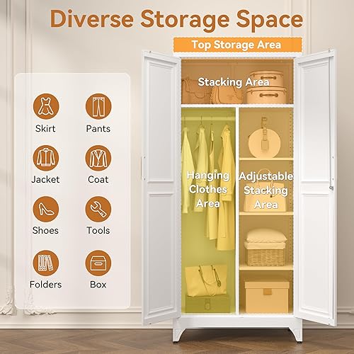 Miniatura 6 de Metal Armoire Wardrobe Closet with Doors, 71" Tall Wardrobe Cabinet with Lock, Hanging Rod and 3 Adjustable Shelves, Steel Clothing Storage Cabinet