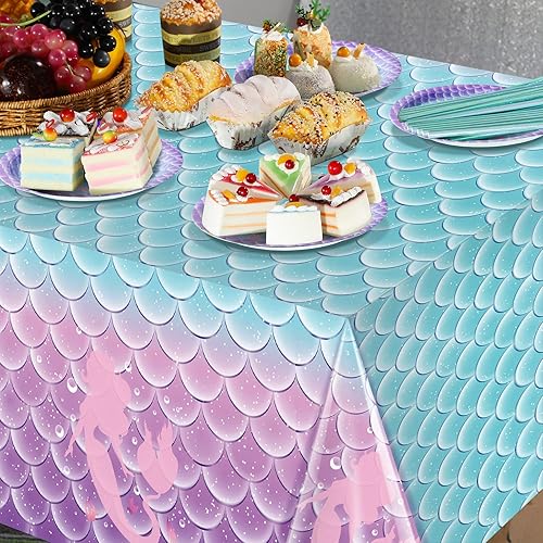 Miniatura 4 de 203 suministros para fiesta de cumpleaños de sirena, mantel, pancarta, vajilla desechable para fiesta bajo el mar, sirve para 25 personas