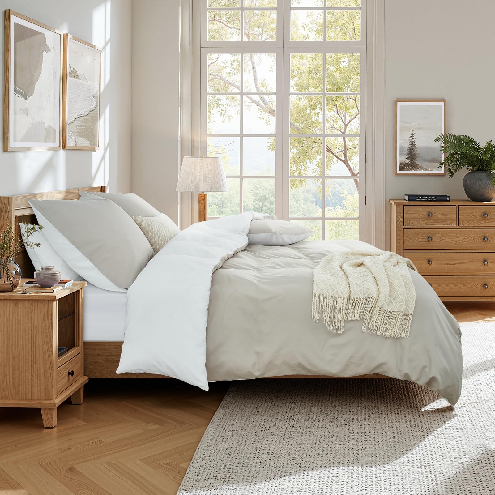 Funda Nórdica Cama 90 Beige/Blanco,Súper Suave Diseño Doble Cara A/B con Cremallera, Certificación Oeko-Tex 1 Funda de Edredón 135x200 + 2 Fundas de Almohada 80x80 cm
