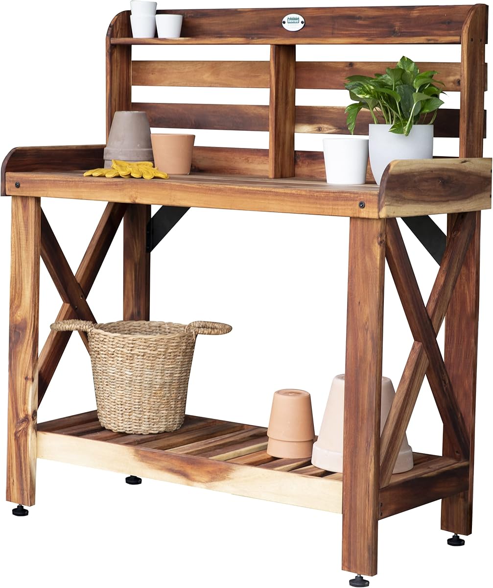 Backyard Discovery 47" Acacia Wood Garden Potting Bench &amp; Serving Bar with Lower Storage Shelf, Leveling Feet, All-Weather Farmhouse Design for Patio, Deck, Porch, Kitchen, Dining Room