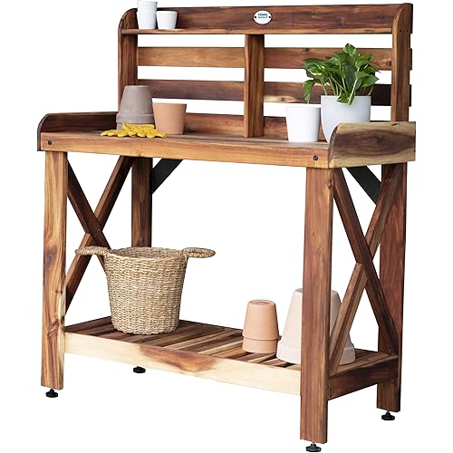 Backyard Discovery 47" Acacia Wood Garden Potting Bench & Serving Bar with Lower Storage Shelf, Leveling Feet, All-Weather Farmhouse Design for Patio, Deck, Porch, Kitchen, Dining Room