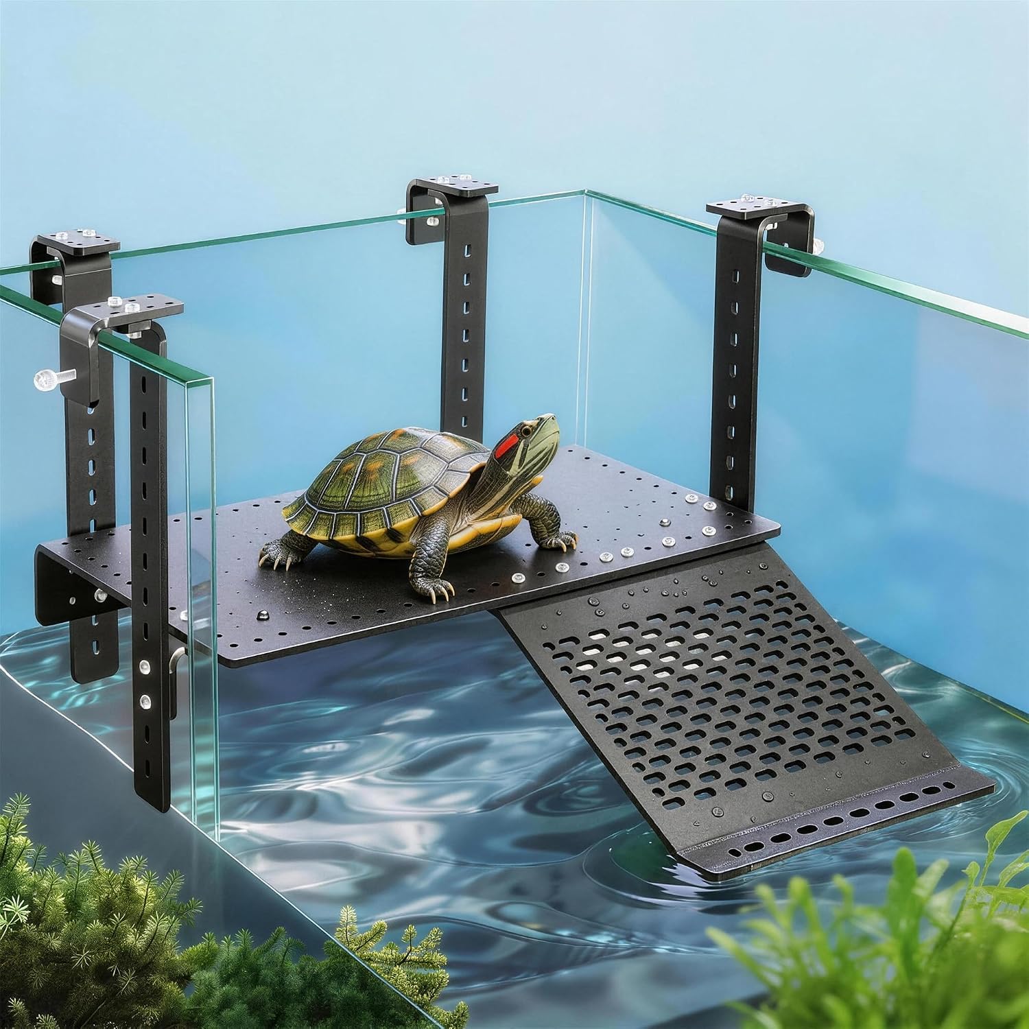 Adjustable Hanging Acrylic Turtle Basking Platform 14x8 for 0.3-2" Tanks | Black acrylic turtle dock with ramp fits 0.3"-2" thick aquarium rims. Acrylic basking platform for aquatic tanks.