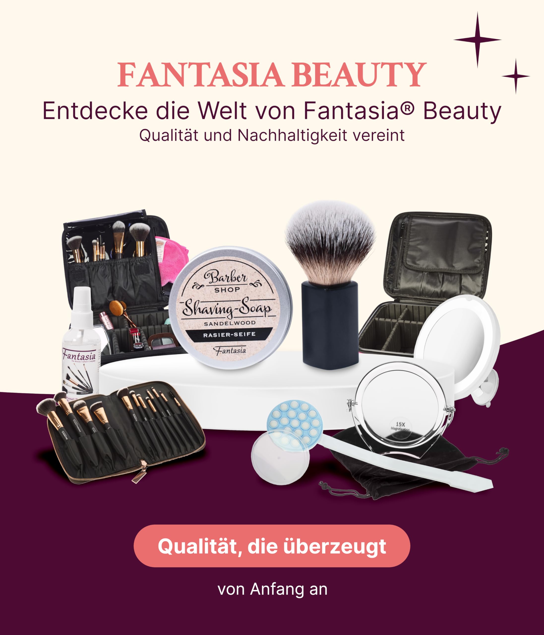 Fantasia® Beauty Rasier-Set schwarz mit Rasierseife in Aludose (Sandelholzduft, 100g) - Veganer Rasierpinsel mit Synthetikhaar, optimal für Bartpflege - Geschenk für Herren, inklusive Rasier