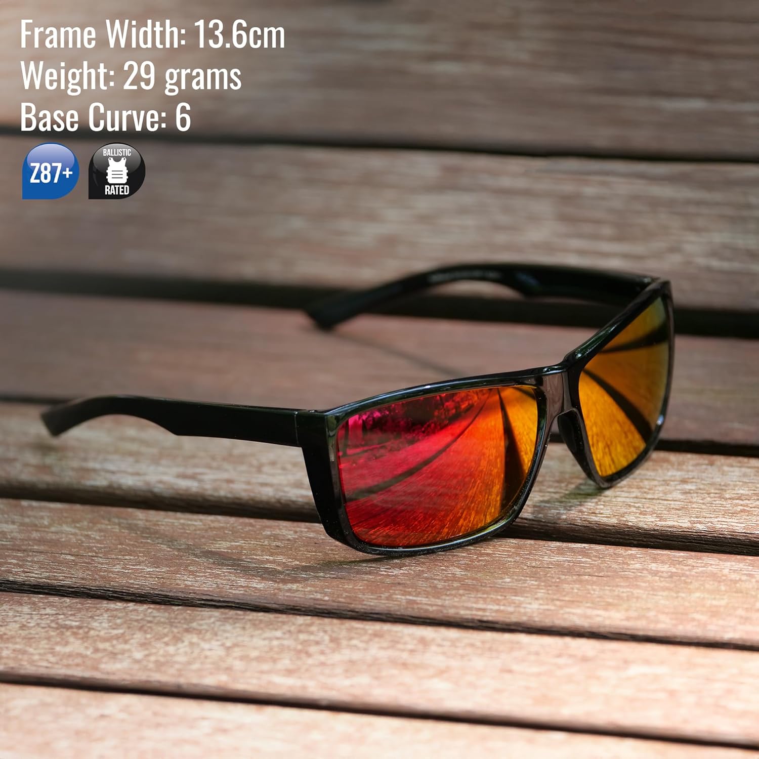 Bullhead Safety Lionfish Glasses, Anti-Fog, Scratch Resistant, Precision Lens with UV Protection, Comfortable and Lightweight, Red Mirror Lens and Shiny Black Full-Frame, One Size