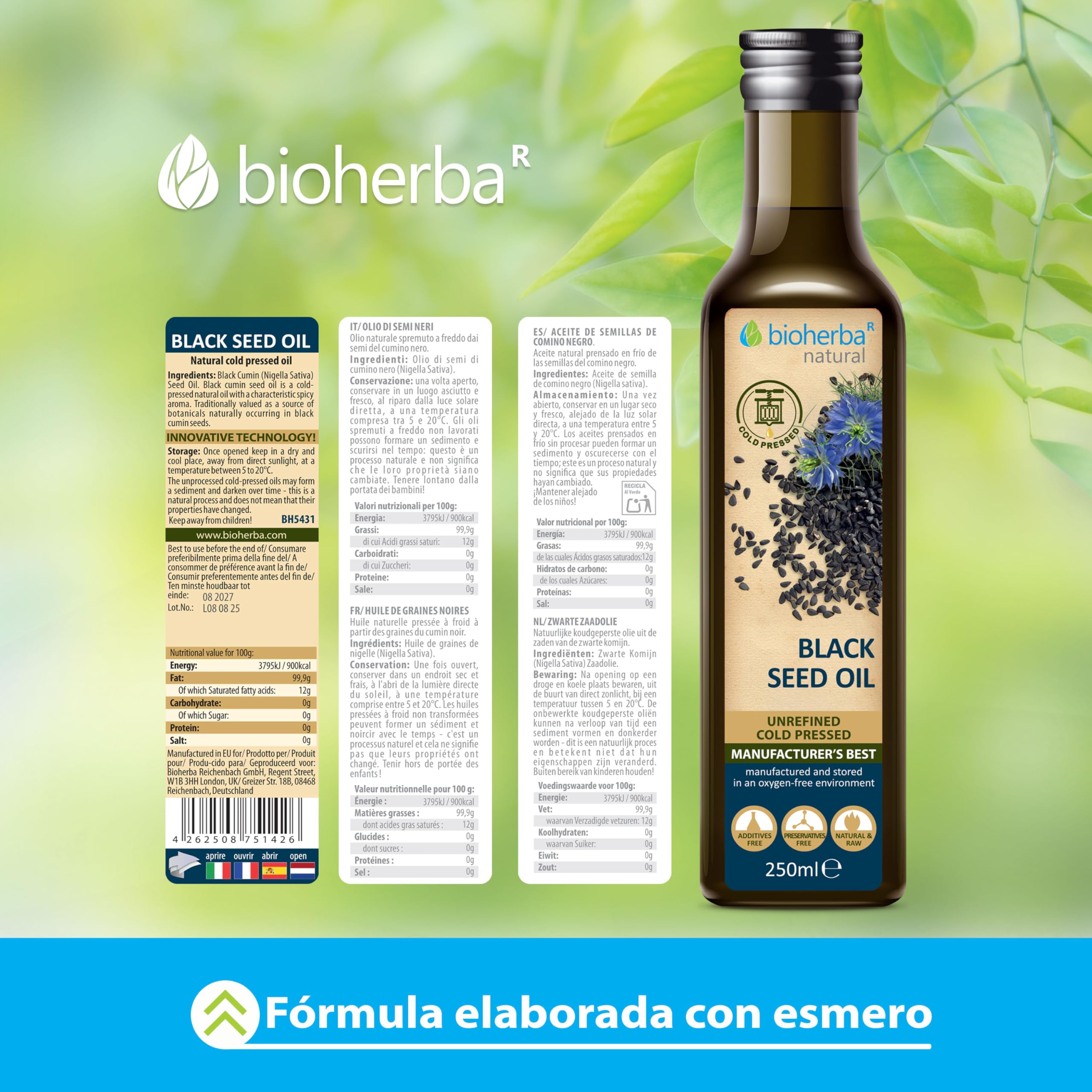 4 Aceite de semillas de Nigella Sativa 250 ml cold pressed by BIOHERBA – aceite natural para piel, cabello, masajes y cocina – prensado en frío, puro vidrio (1000)