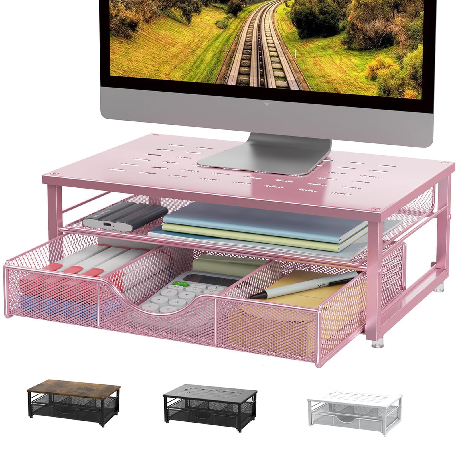 Support pour écran d'ordinateur, organiseur de bureau et accessoires avec tiroir, accessoires de bureau et espace de travail pour imprimante (rose)