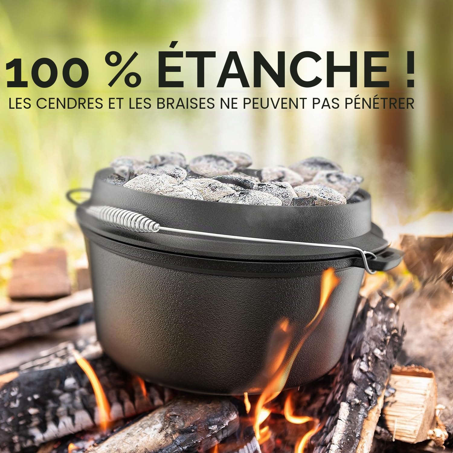 BBQ Dutch Oven - Set de cocotte hollandaise [9 l] – Compatible induction – Avec support – Marmite en fonte – Avec lève-couvercle et e-book (français non garanti)