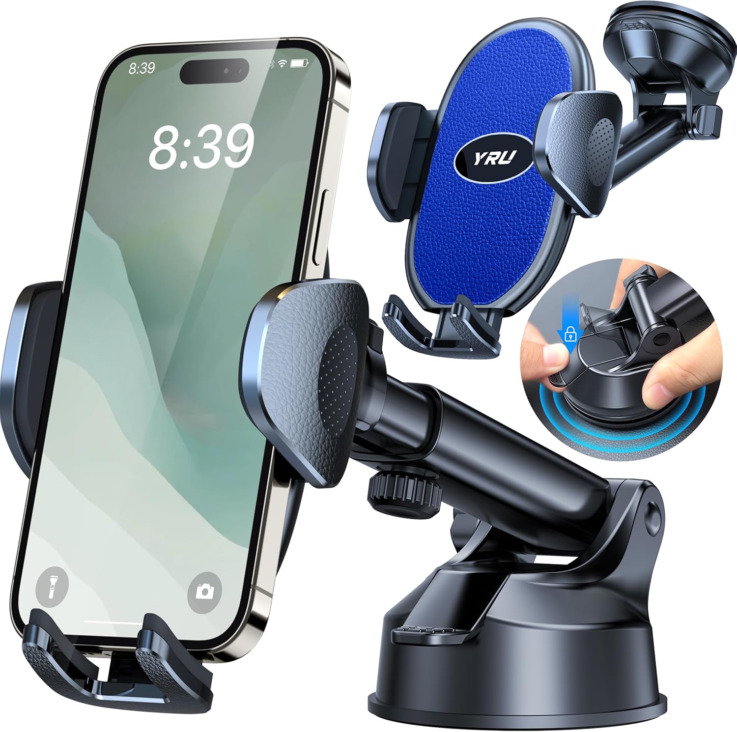 YRU [2025 Upgraded Universal Car Phone Holder Mount【 360° Rotatable &Strong Suction】 Cell Phone Holder for Car Dashboard Windshield Phone Holder Dash Stand for iPhone 16 15 14 13 Samsung Truck, Blue