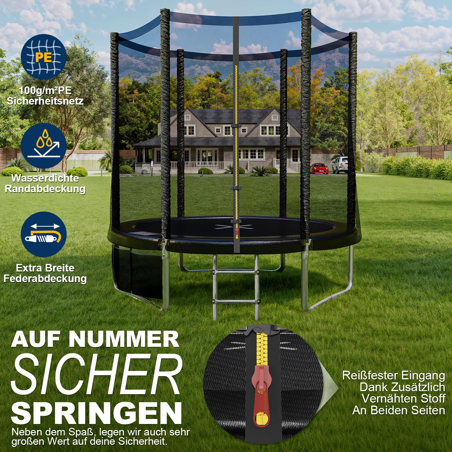 JUMMICO Trampolin Outdoor Ø 183/228/305/366/427 cm, GS-Zertifizierung Gartentrampolin für Kinder mit Leiter und Seitentasche