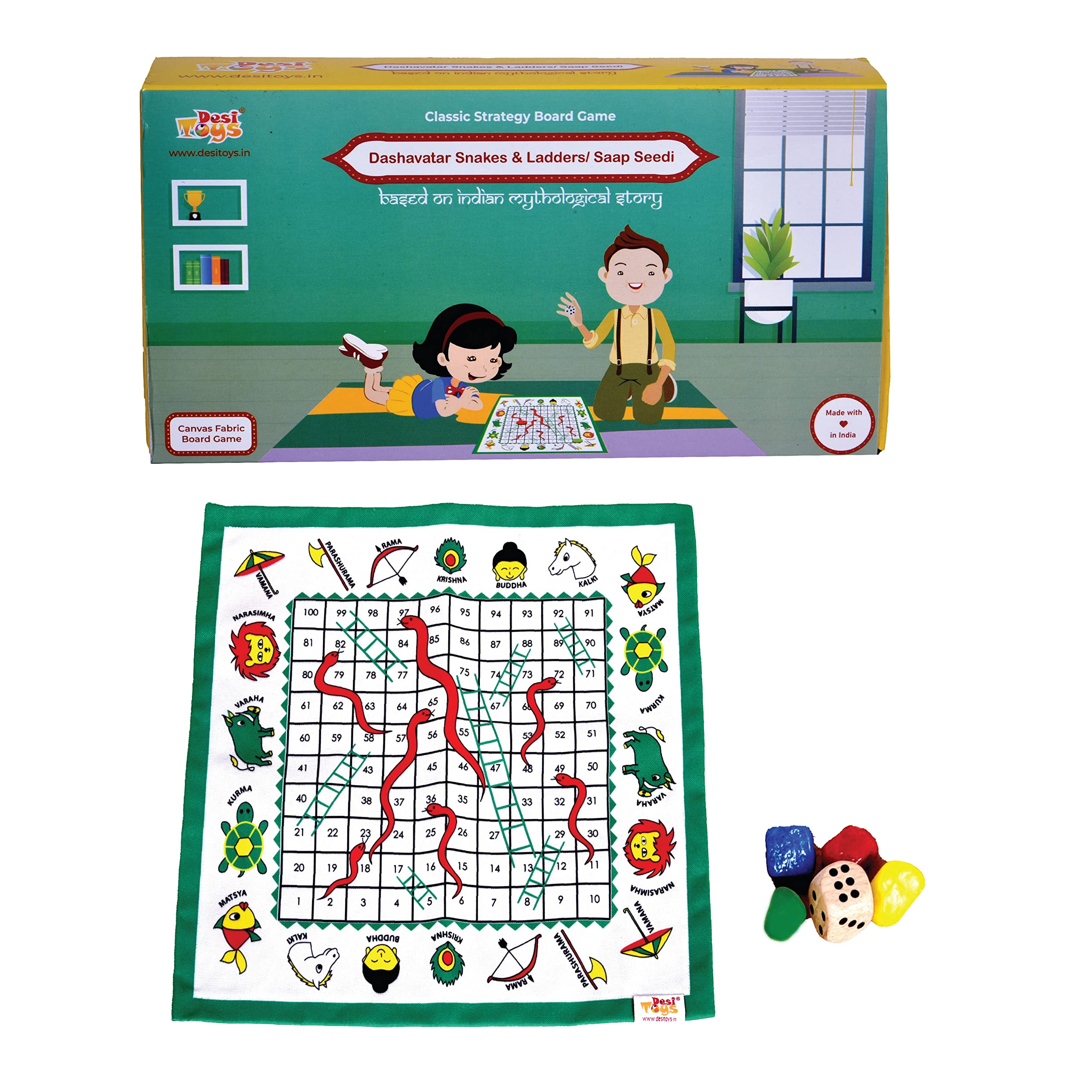 Desi Toy Dashavatar Snakes & Ladders Board Game | Saap Seedi Indian Mythology |Canvas Fabric Play Mat | Traditional Family Strategy Game for Kids, Adult | Classic Indoor Toy, Gift (15x15 Inch) (B0BC4FD45W) Amazon Price History, Amazon Price Tracker