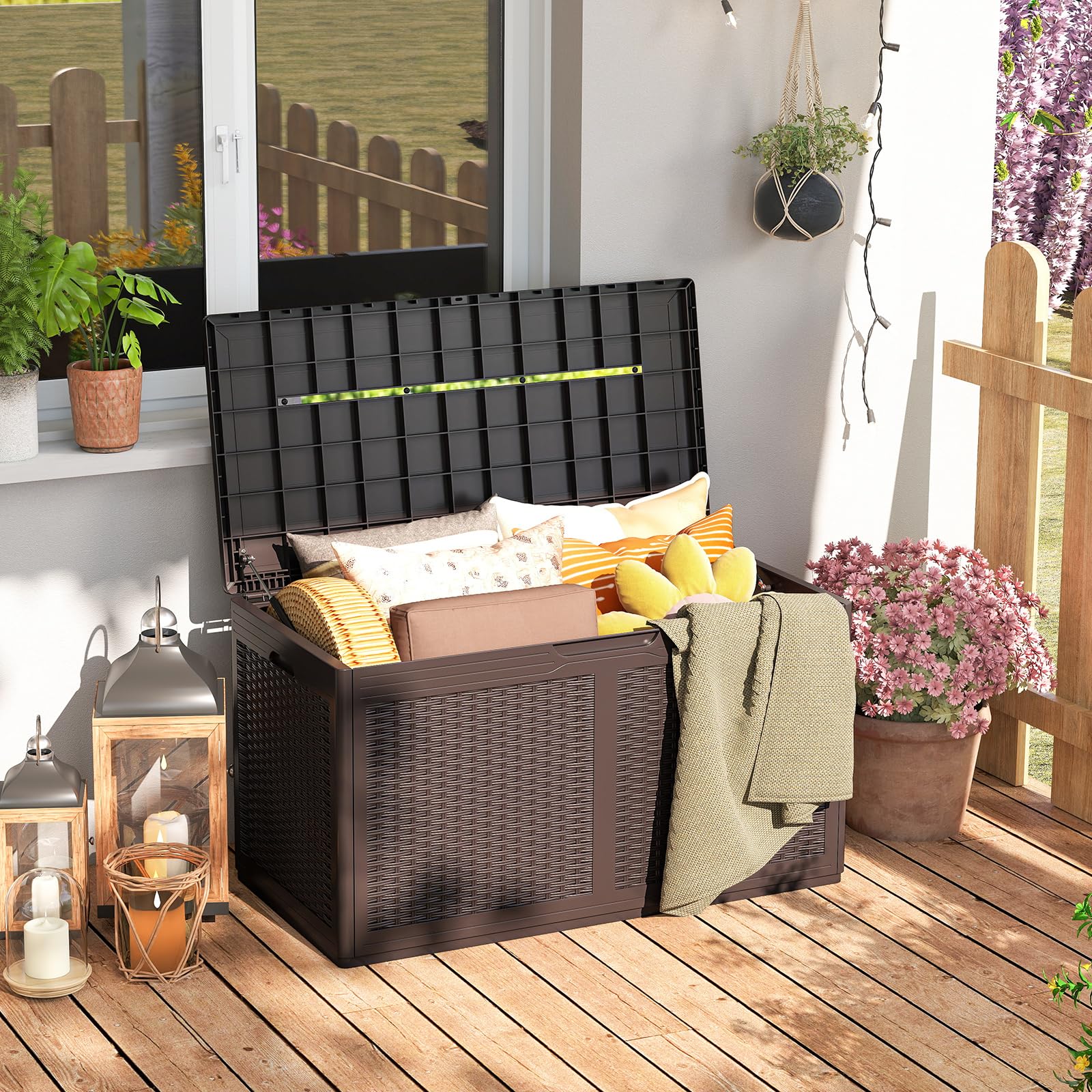 GIANTEX Coffre de Jardin Extérieur 380 L PP, Coffre de Rangement Étanche avec Couvercle, 2 Roulettes, Marron