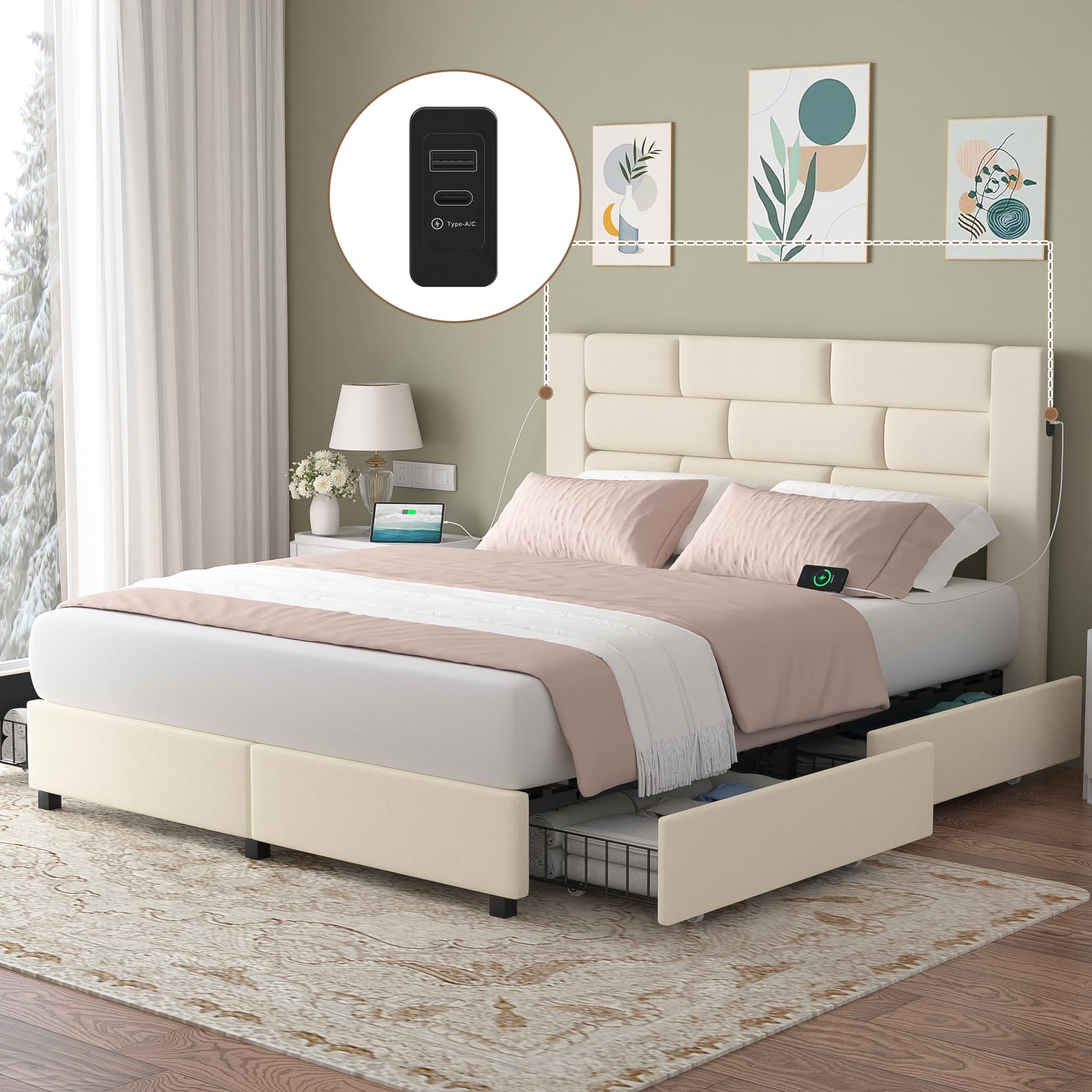 VECELO Queen Size Bed Frame with 4 Storage Drawers and Charging Station-Type A & C, No Box Spring Needed, Off White