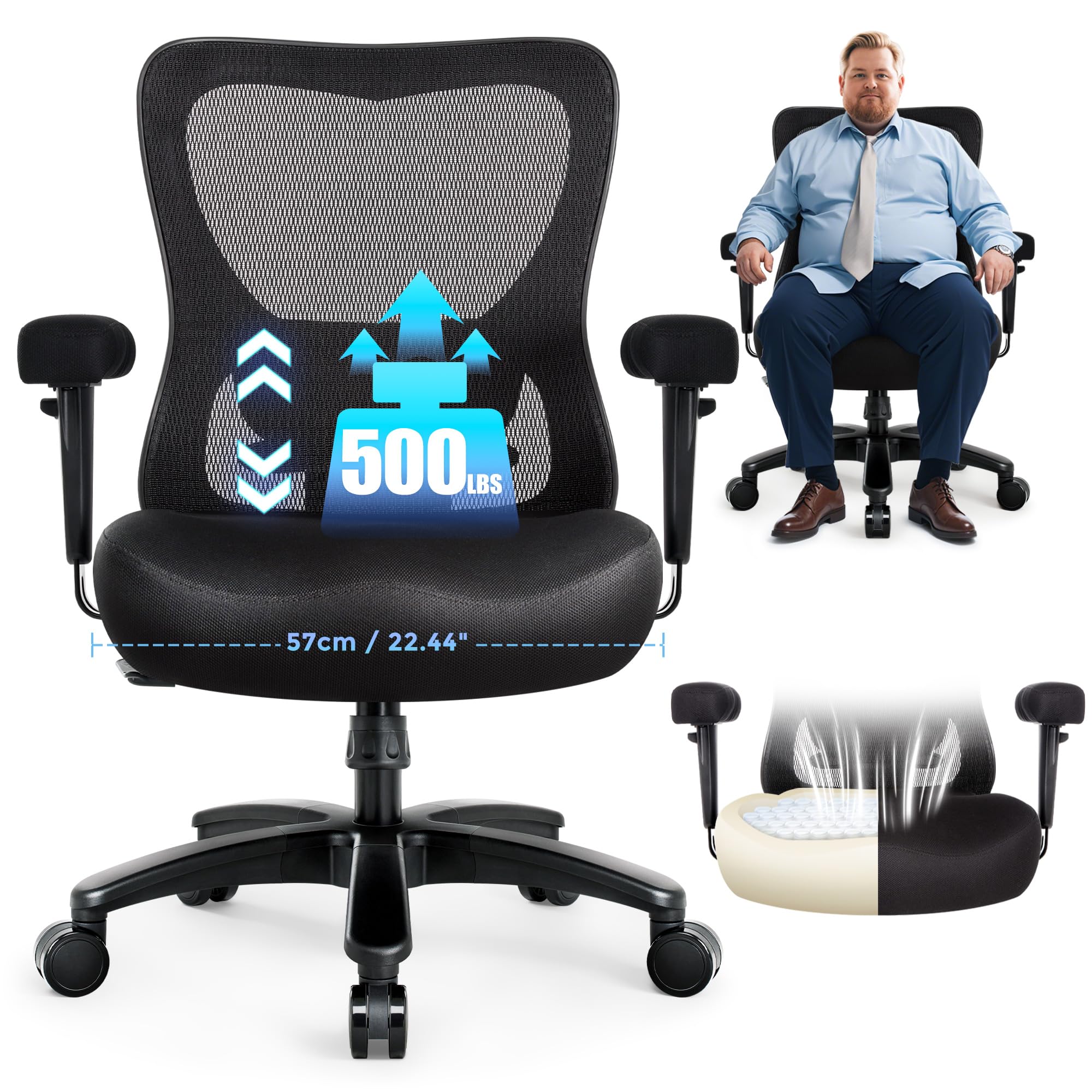 IWMH Silla de oficina ergonómica 200 kg, silla de escritorio de malla grande y alta | Silla de ordenador con soporte lumbar ajustable y cojín de muelles extra ancho, reposabrazos 4D para oficina en casa