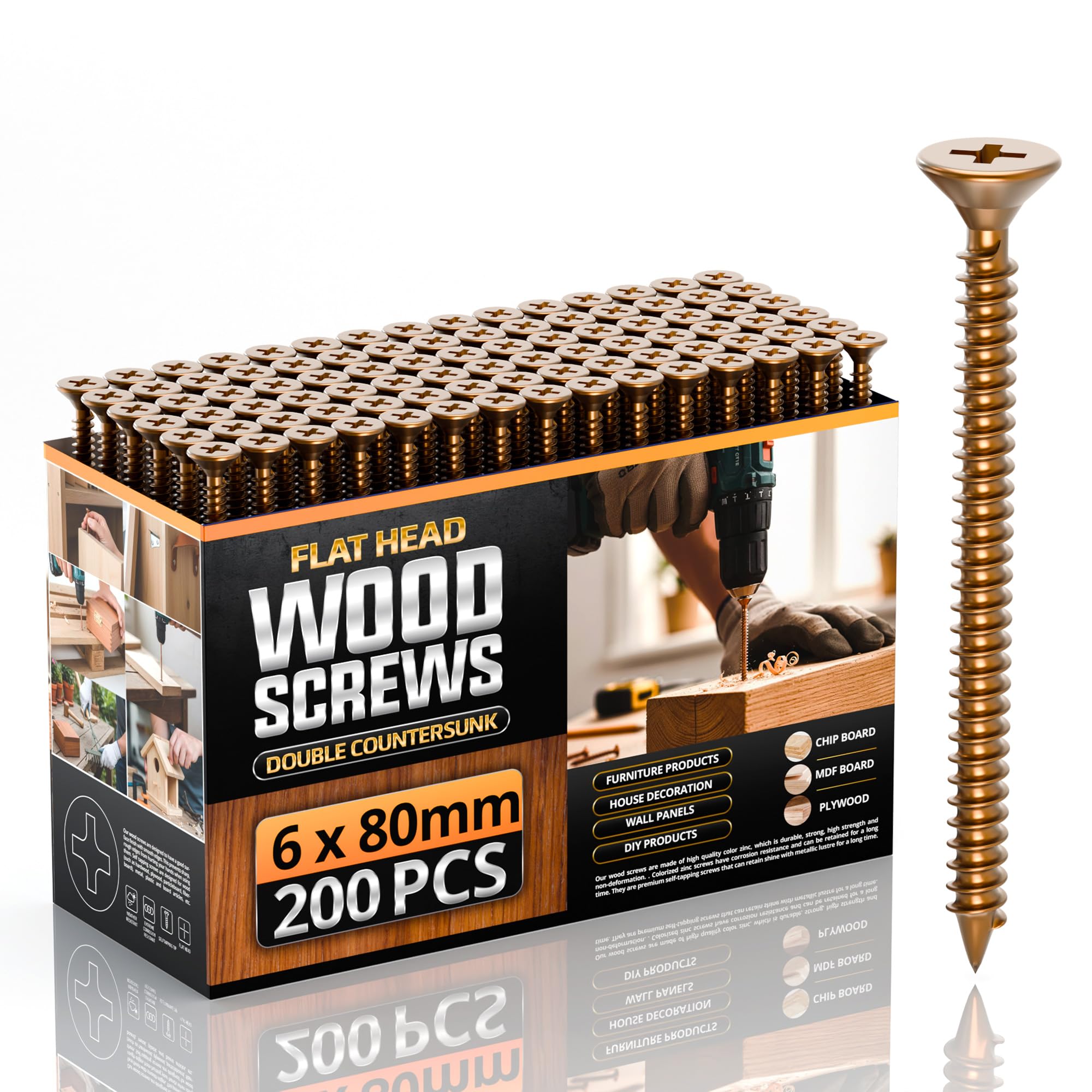 Multi Purpose Flat Head Wood Screws, 6 x 80mm 200pcs, Zinc Galvanized Single Thread Wood Screws Kit, Self Tapping Assortment Ideal for Diy,Furniture Fix, and Repairs