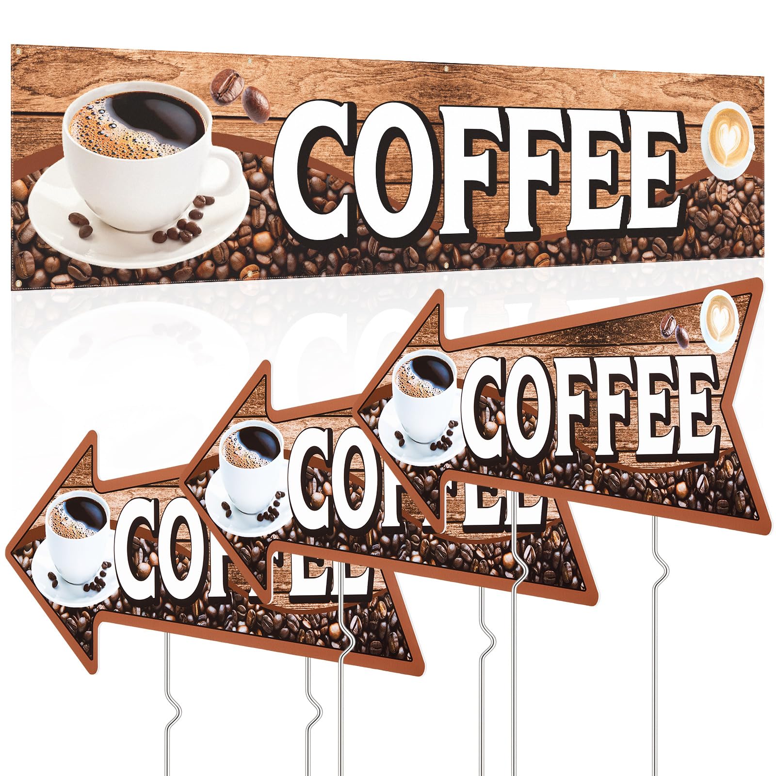 Tegeme 10 Pcs Large Coffee Banner and Coffee Stand Arrow Yard Signs with Stakes Set 2x10 Ft/ 24 × 120 Inch Oxford Fabric Cafe Business 40×25cm Directional Yard Signs for Easy Hang Indoor Outdoor