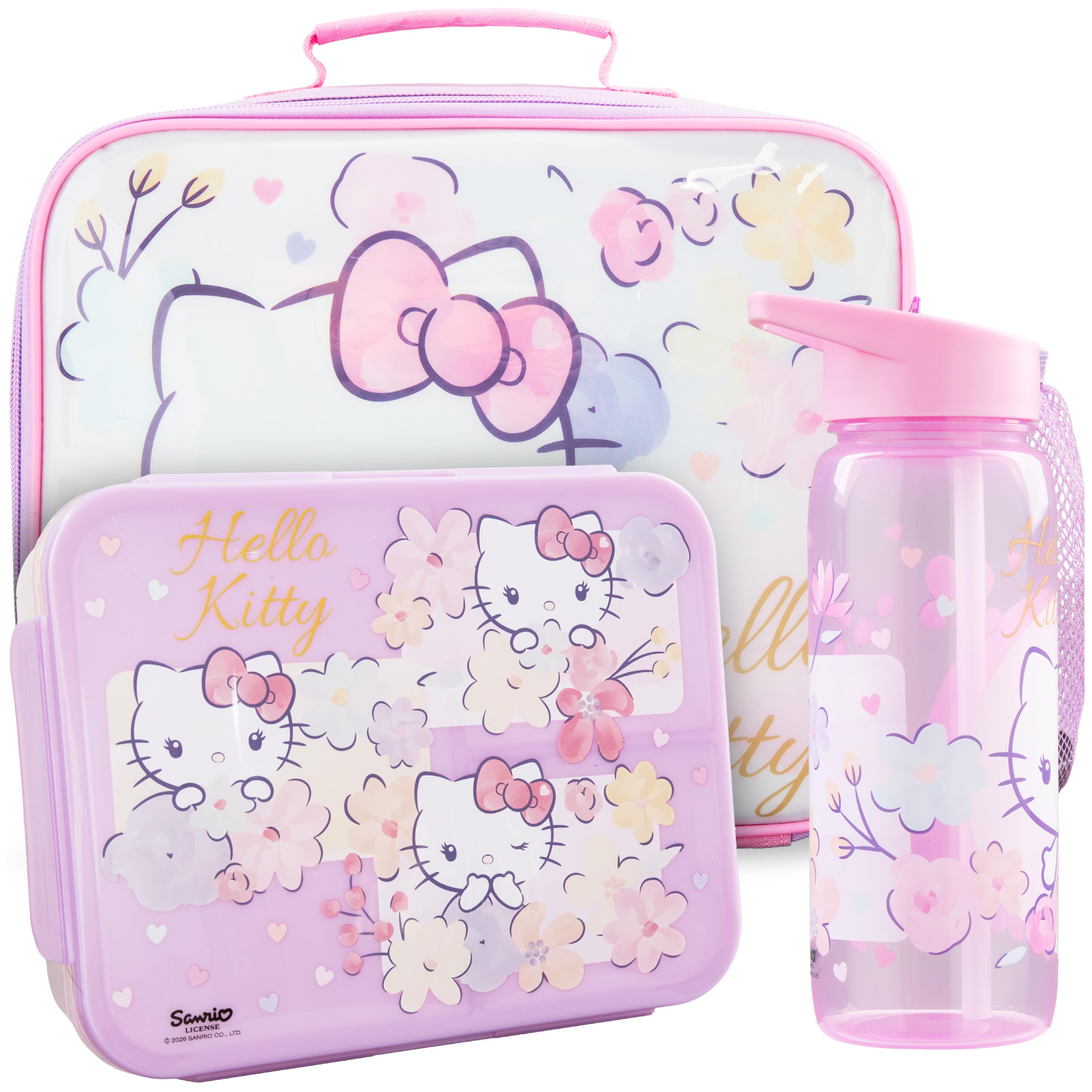 Get Trend Hello Kitty Sanrio Girls Insulated Lunch Bag Set, 3Pcs BPA-Free Bento Lunch Box & 640ml Water Bottle with Straw & Food Carrier Bag for School, Travel & Picnic, Girls Gifts (Pink Hello Kitty)