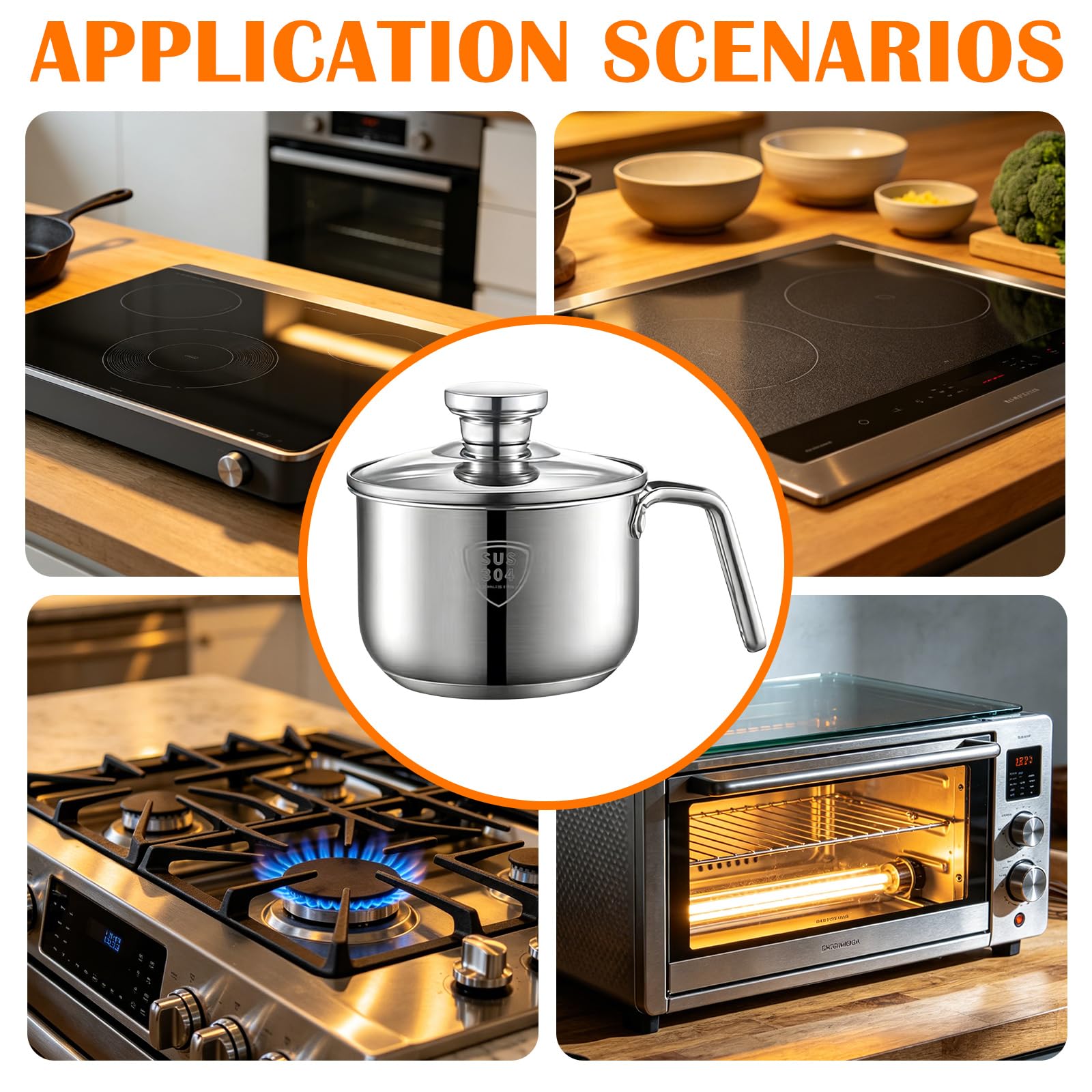 Pentola per latte a induzione in acciaio inox: mini pentola per latte da 2,4 l, 18 cm, preparazione per latte e porridge (acciaio 304/profondità 11 cm)