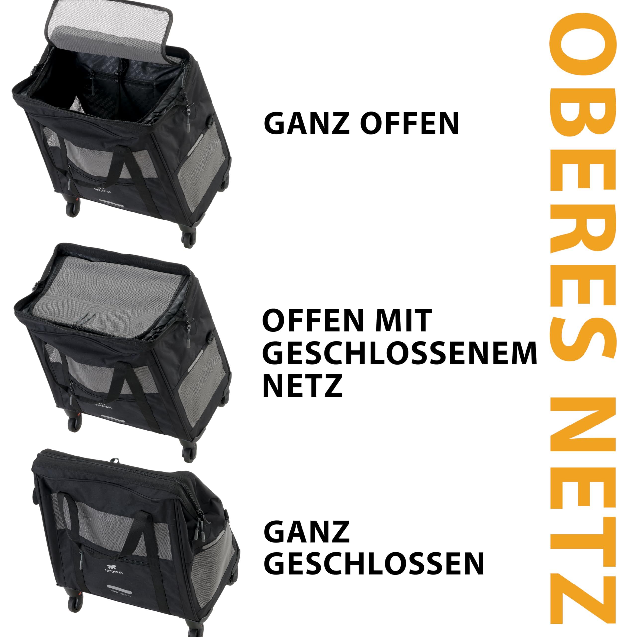 Ferplast Hundebox Voyager Trolley, Transportbox Katze, Hundetasche, ausziehbarer Griff, verstellbare Gurte, breite Öffnung, abnehmbare Räder, max. 15 kg, 46 x 26 x 48H cm, Schwarz