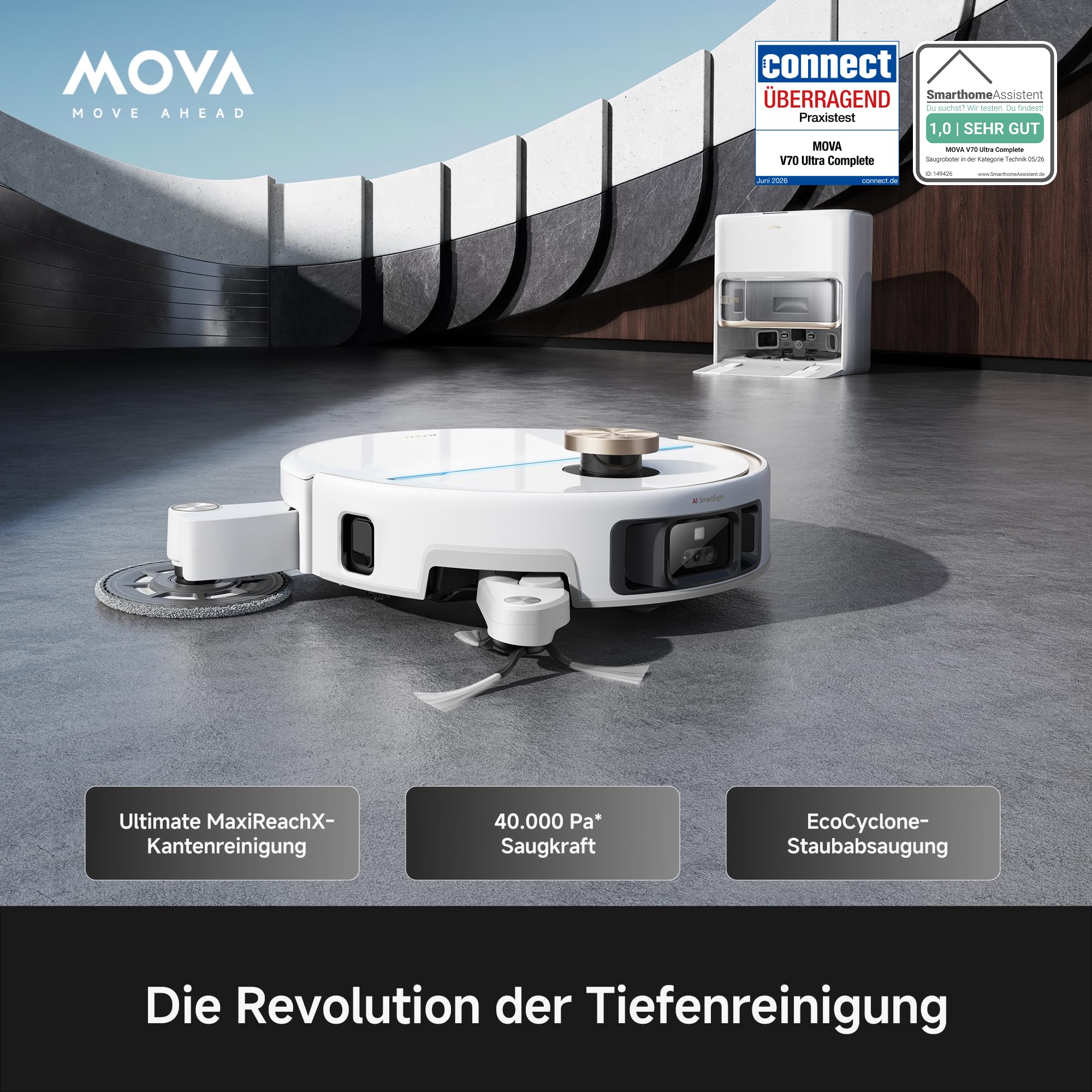Mova V70 Ultra Complete X Saugroboter, MaxiReachX-Doppelverlängerung Seitenbürste & Mopp, 40.000 Pa Saugkraft, 15N Abwärtsdruck & 300 U/min Wischen, 9 cm Hindernisüberwindung, EcoCyclone-Staubbehälter