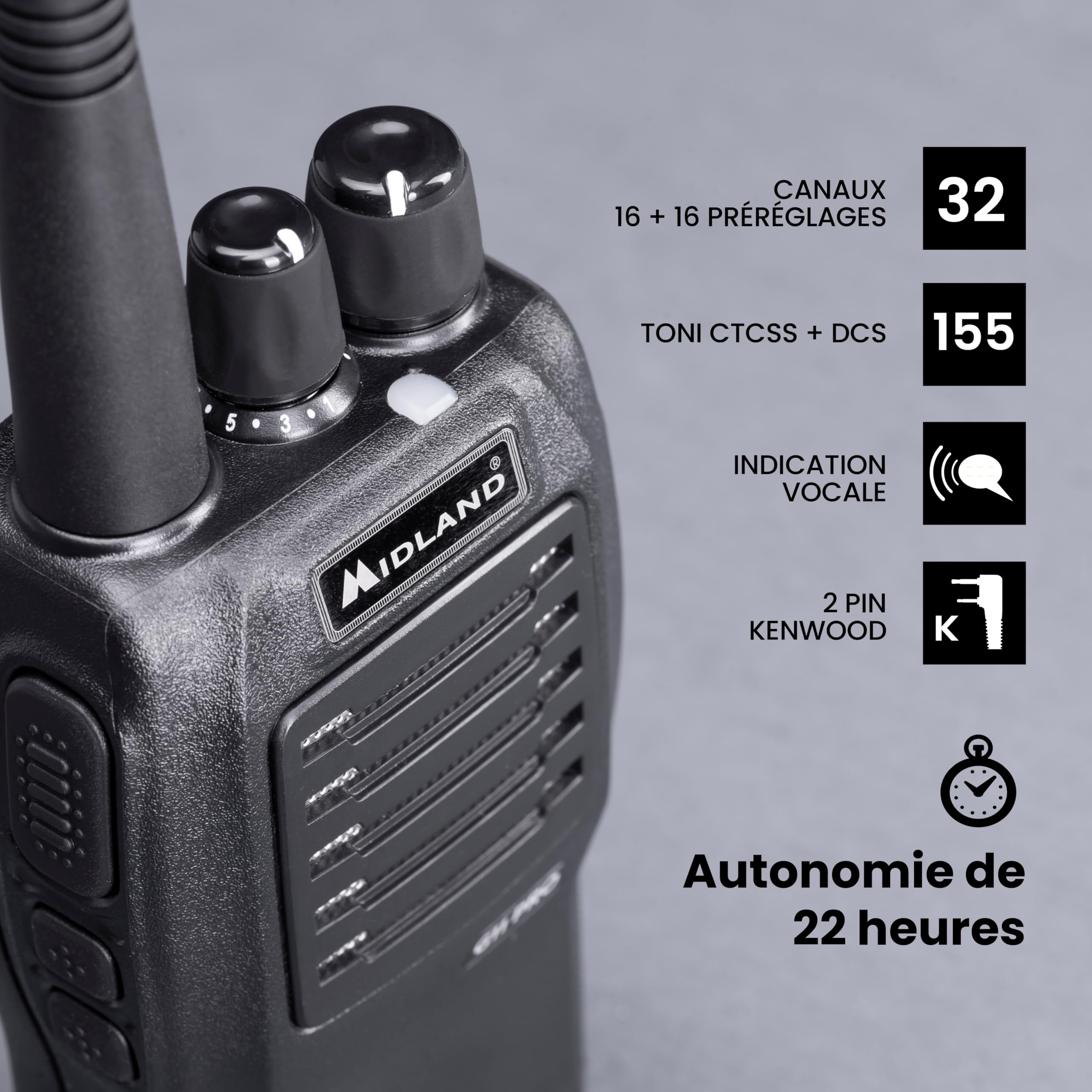 Midland - Talkie Walkie Longue Portée 12Km Professionnel G11 Pro, Radio Récepteur Émetteur avec 32 Canaux PMR446, Batterie Li-Ion 1600mAh Rechargeable et Accessoires, Autonomie 22H, VOX, 2 Pin Kenwood