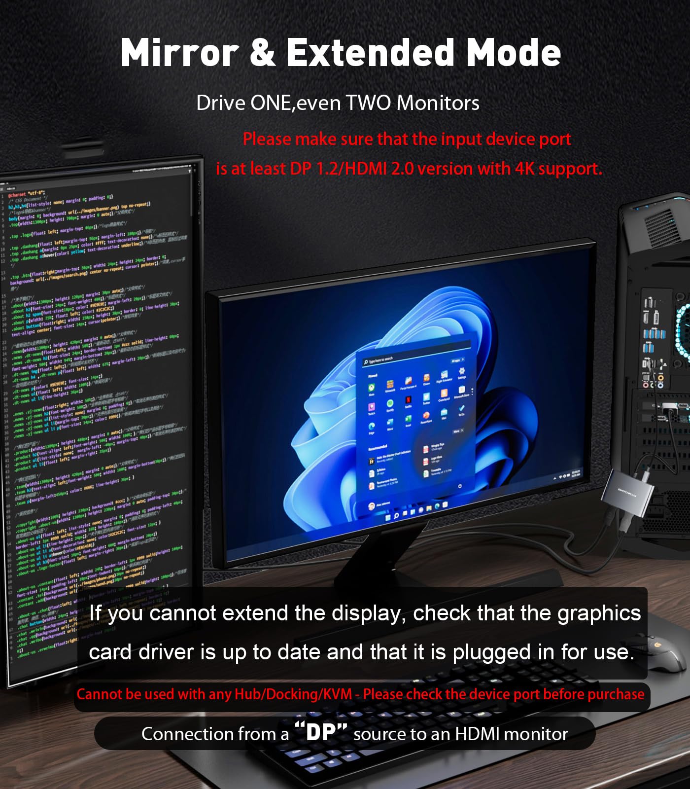 Adaptateur DisplayPort vers double HDMI [4K @ 60 Hz] répartiteur DP vers HDMI 1 entrée 2 sorties écran étendu, convertisseur de source DP mâle pour deux moniteurs compatible avec PC, carte