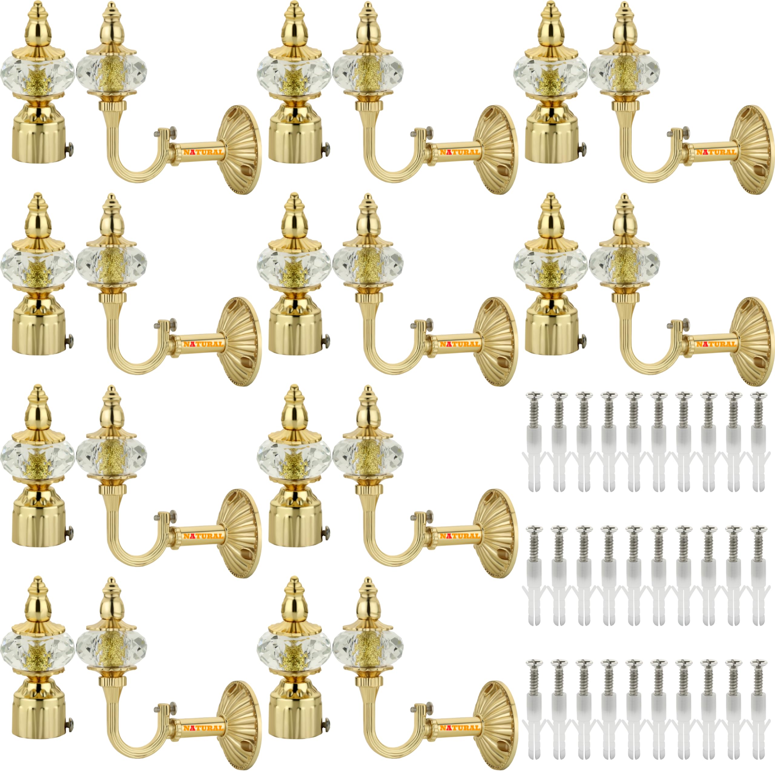 NATURAL Heavy Duty Aluminum Royal Luxury Design Curtain Bracket/Finial and Curtain Support with Screw/Wallplug for Window & Door Curtain Fittings Suitable Upto 1 Inch Pipe. (10 Set, Gold)