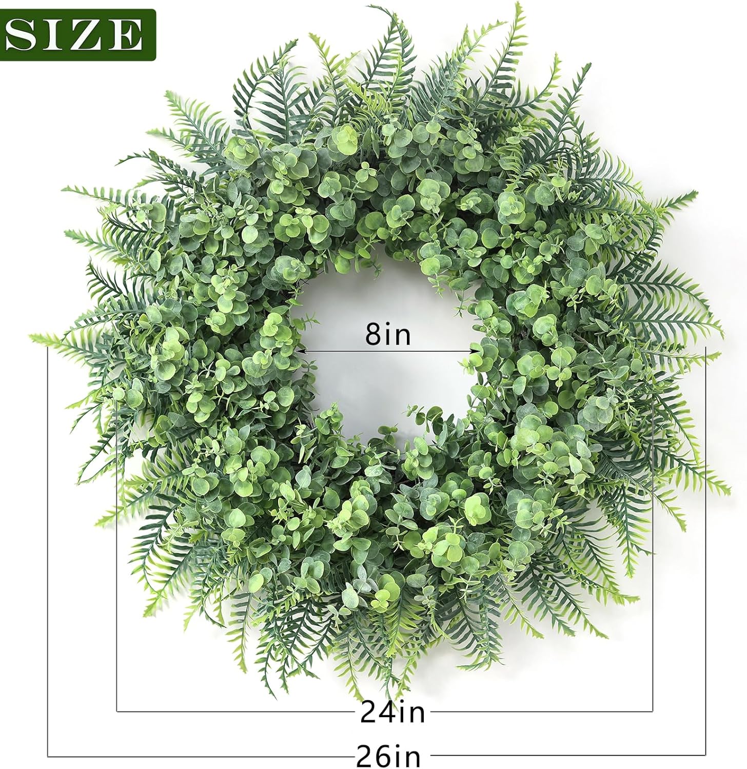 26'' Eucalyptus and Boston Ferns Wreath for Front Door - Large Artificial Greenery Outdoor Wreath for Porch,Window,Farmhouse,Home,Hanging Decor- Spring, Summer, All Seasons (Gray-Green) - Image 5
