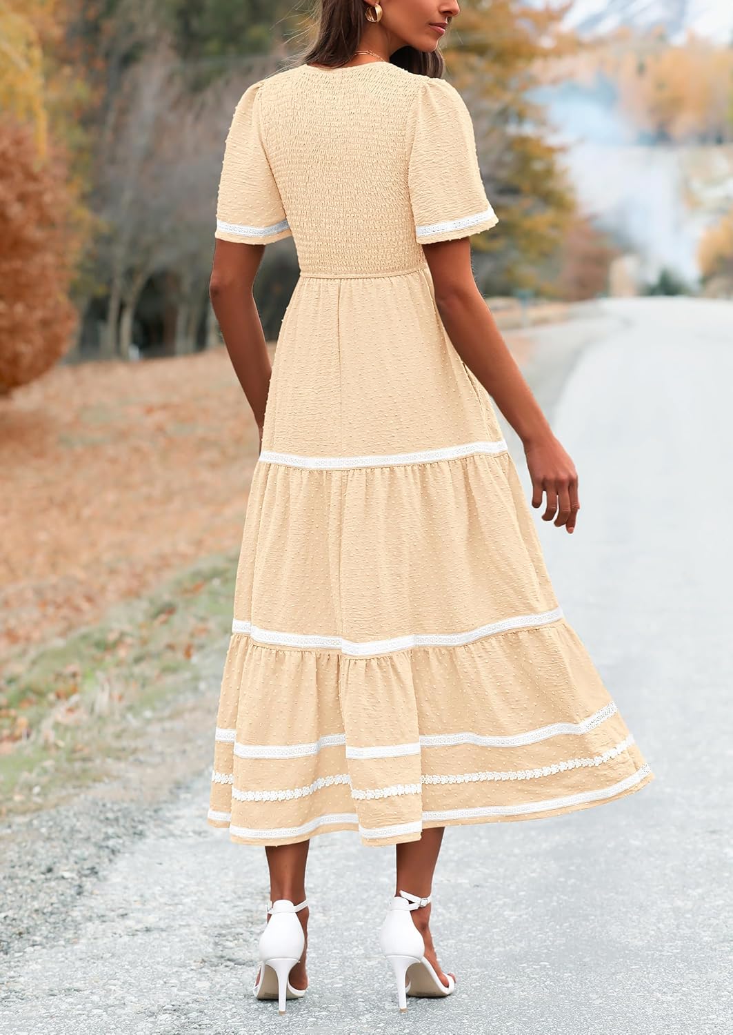 PRETTYGARDEN Women's Casual Summer Maxi Dress Short Sleeve Swiss Dot V Neck Smocked Long Flowy Beach Dresses - Image 2