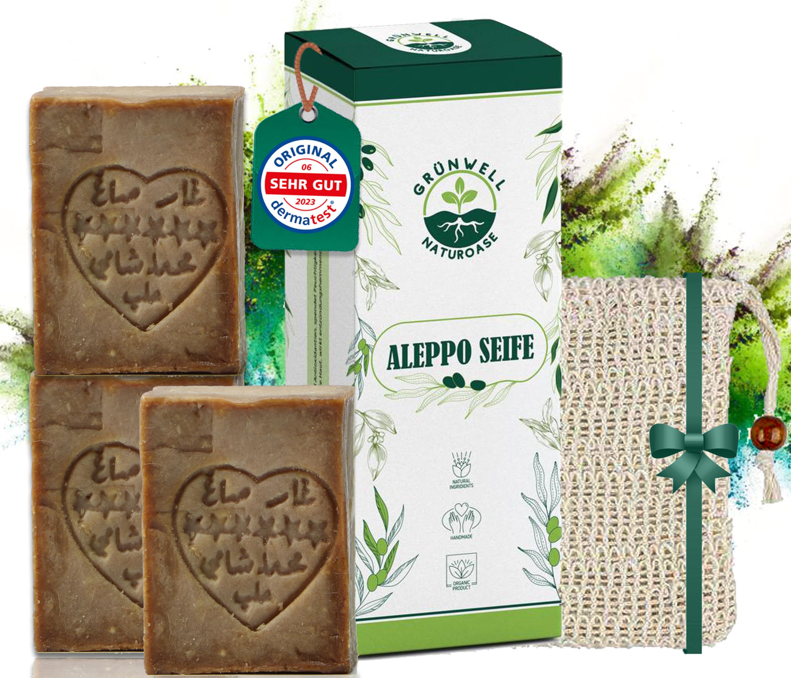 Grünwell Naturoase Aleppo Seife Original Set ca. 600g mit 20% Lorbeeröl 80% Olivenöl | Olivenölseife Natürliche Pflege für Gesicht und Körper | Haarseife olivenöl seife | aleppo soap