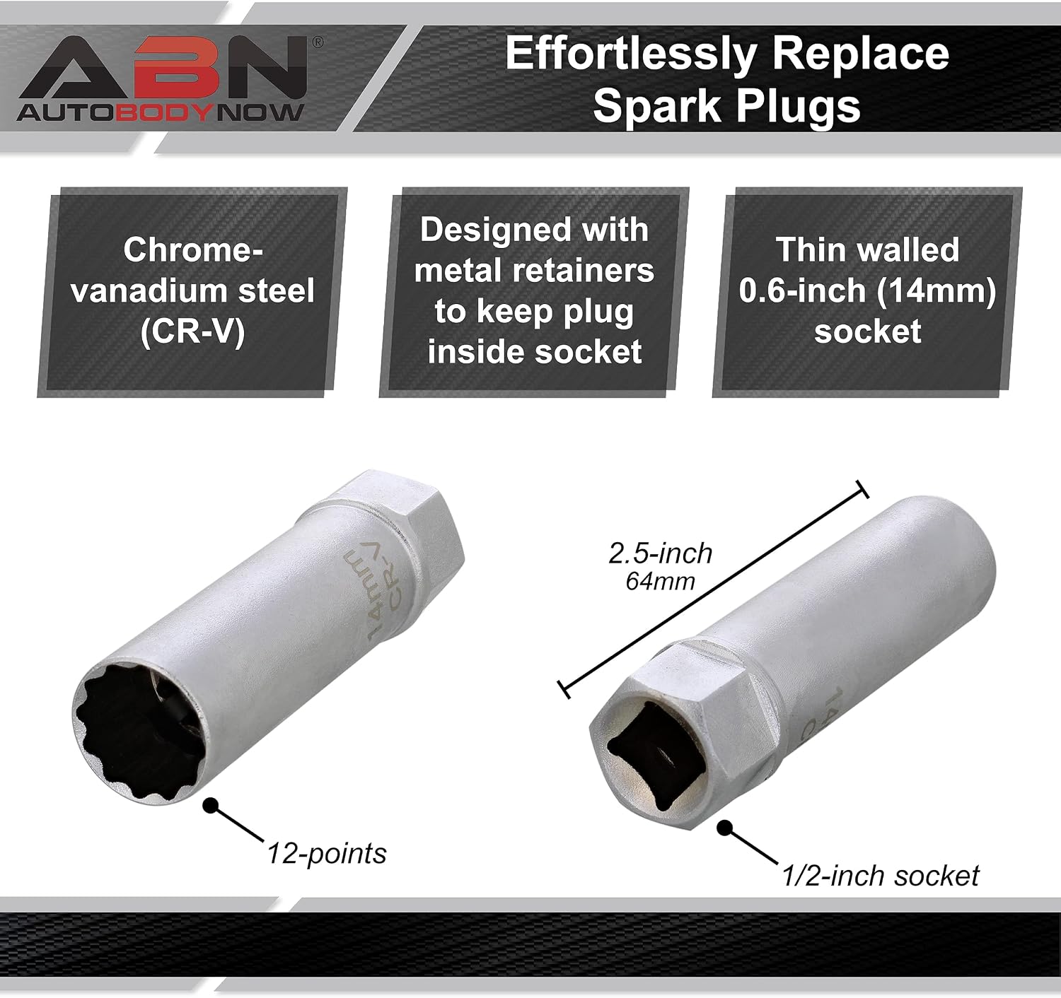 ABN Spark Plug Socket, Thin Wall 14mm 12-Point 3/8in Drive Plug Socket for BMW Car, Truck, Motorcycle