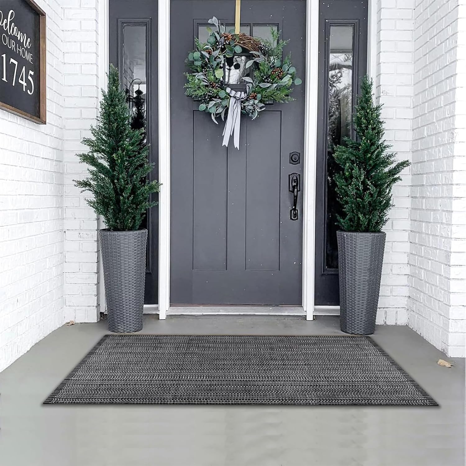 Door Mat Front Porch Rug Boho Black Outdoor Rug 23.6" x 51.2" Cotton Hand Woven Rug for Front Porch Decor Washable Welcome Layered Doormat for Farmhouse Entryway Kitchen Patio