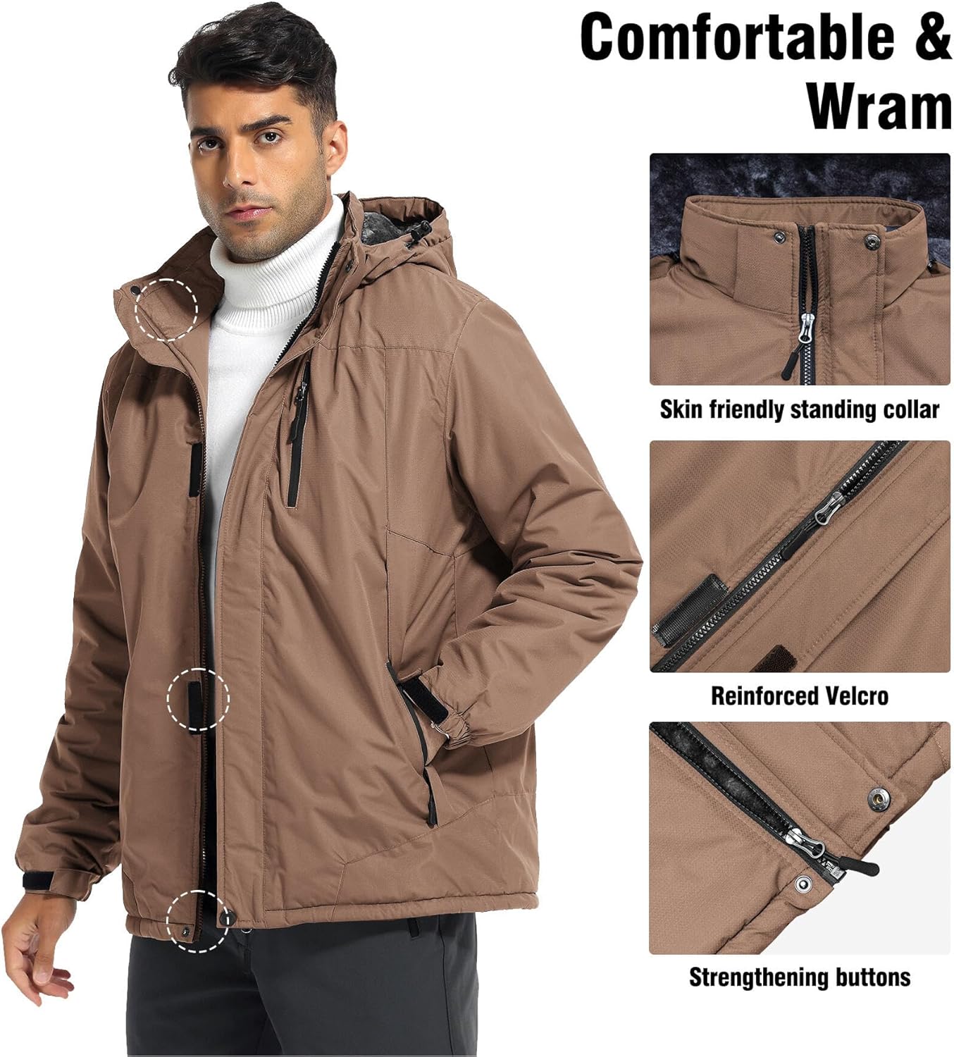 Zoofly Men’s Mountain Ski Jacket Waterproof Fleece Liner Snow Coat Warm Winter Windproof Hooded Raincoat