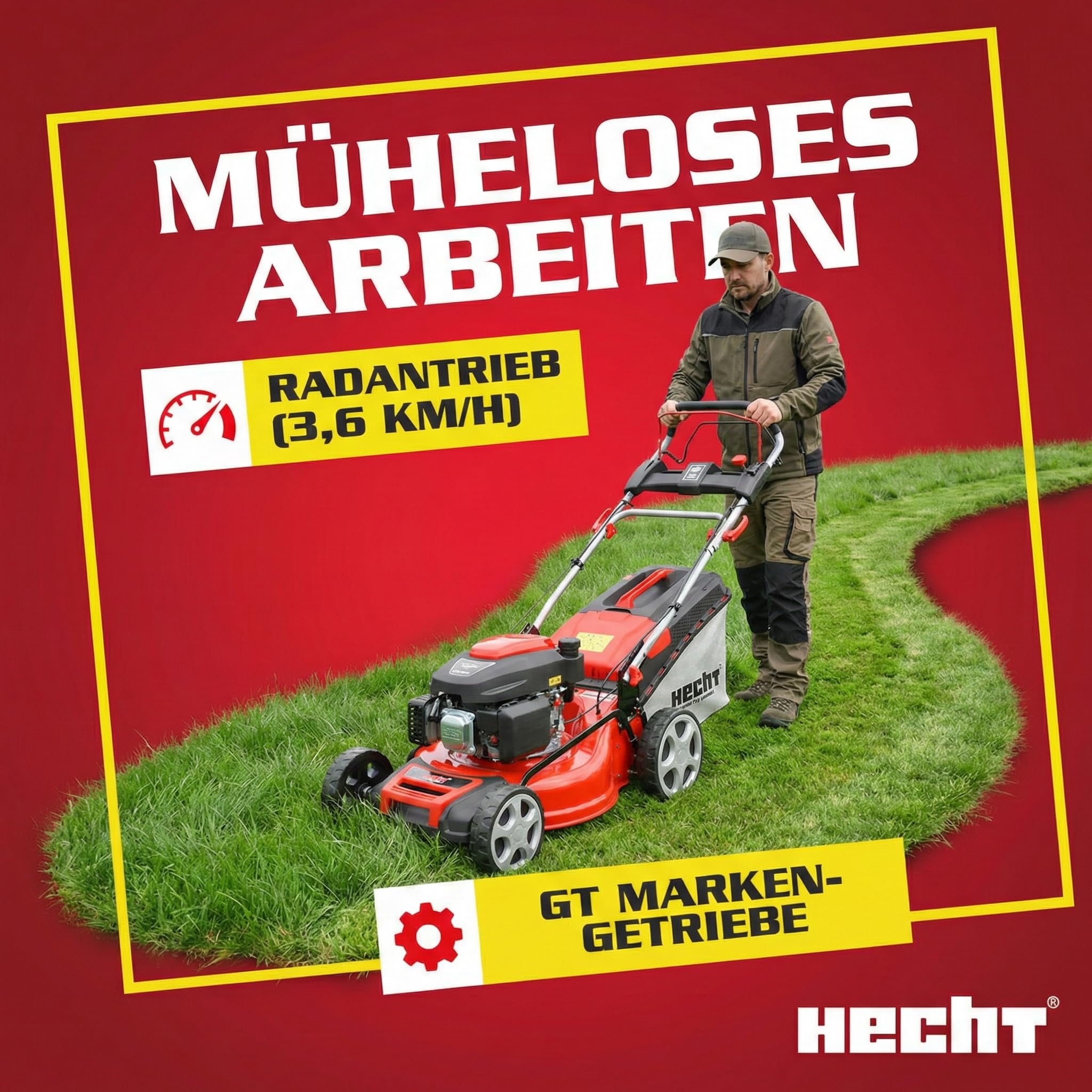 HECHT 5-in-1 Benzin Rasenmäher 5,5 PS Elektrostart 51 cm | 4-Takt-Motor 4,0 kW, 65 L Fangkorb, Radantrieb, patentierte Räder, Mulchmäher und Rasenmäher