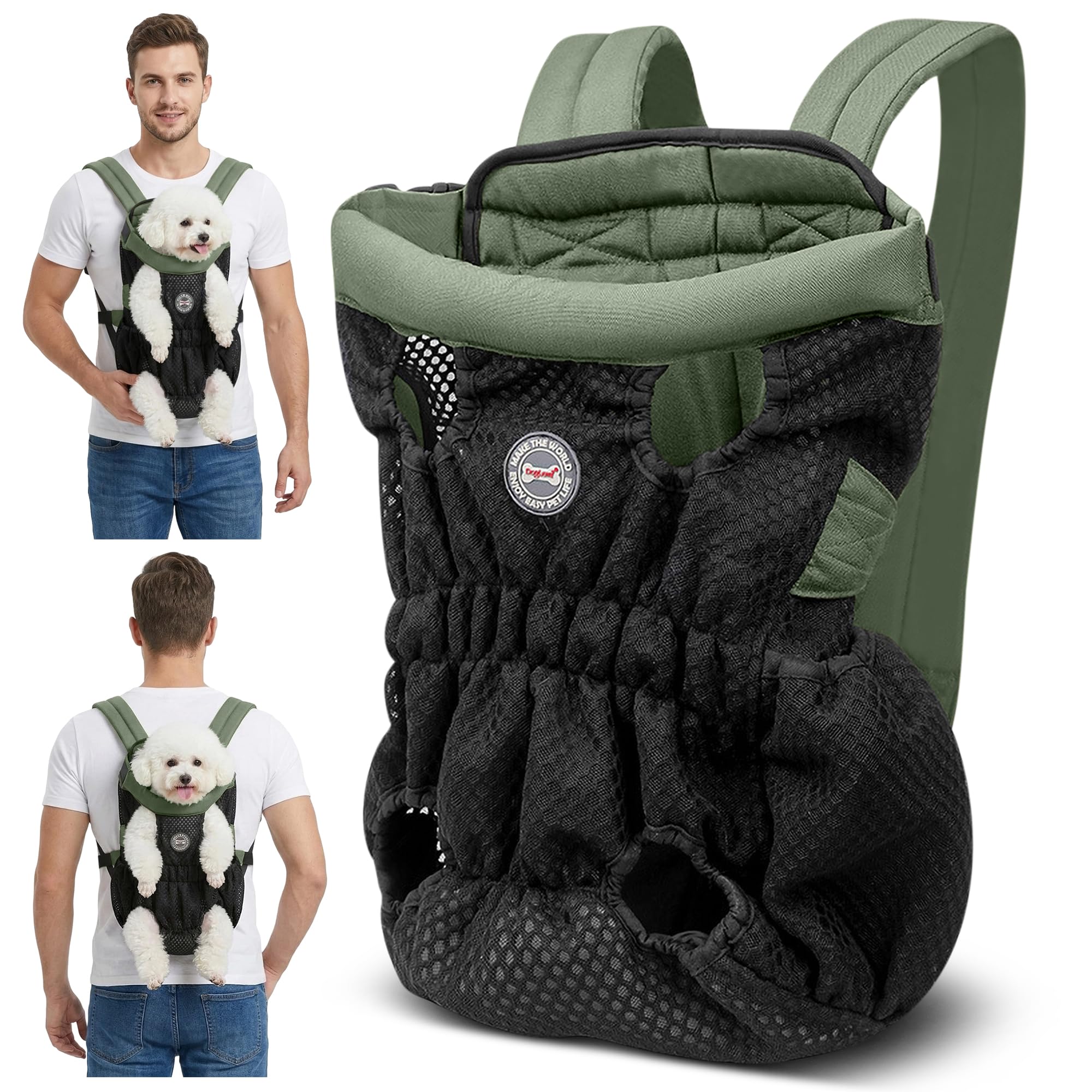ALLSOPETS Hunderucksack für Kleine Hunde – Leichter, Atmungsaktiver und Bequemer Hunde Rucksack mit Sicherheitsleine, Freihändig für Reisen Wandern Outdoor (Olivgrün, M) | Atmungsaktive Transporttasche mit Sicherheitshaken, bequemer Rucksack für Hunde, fü