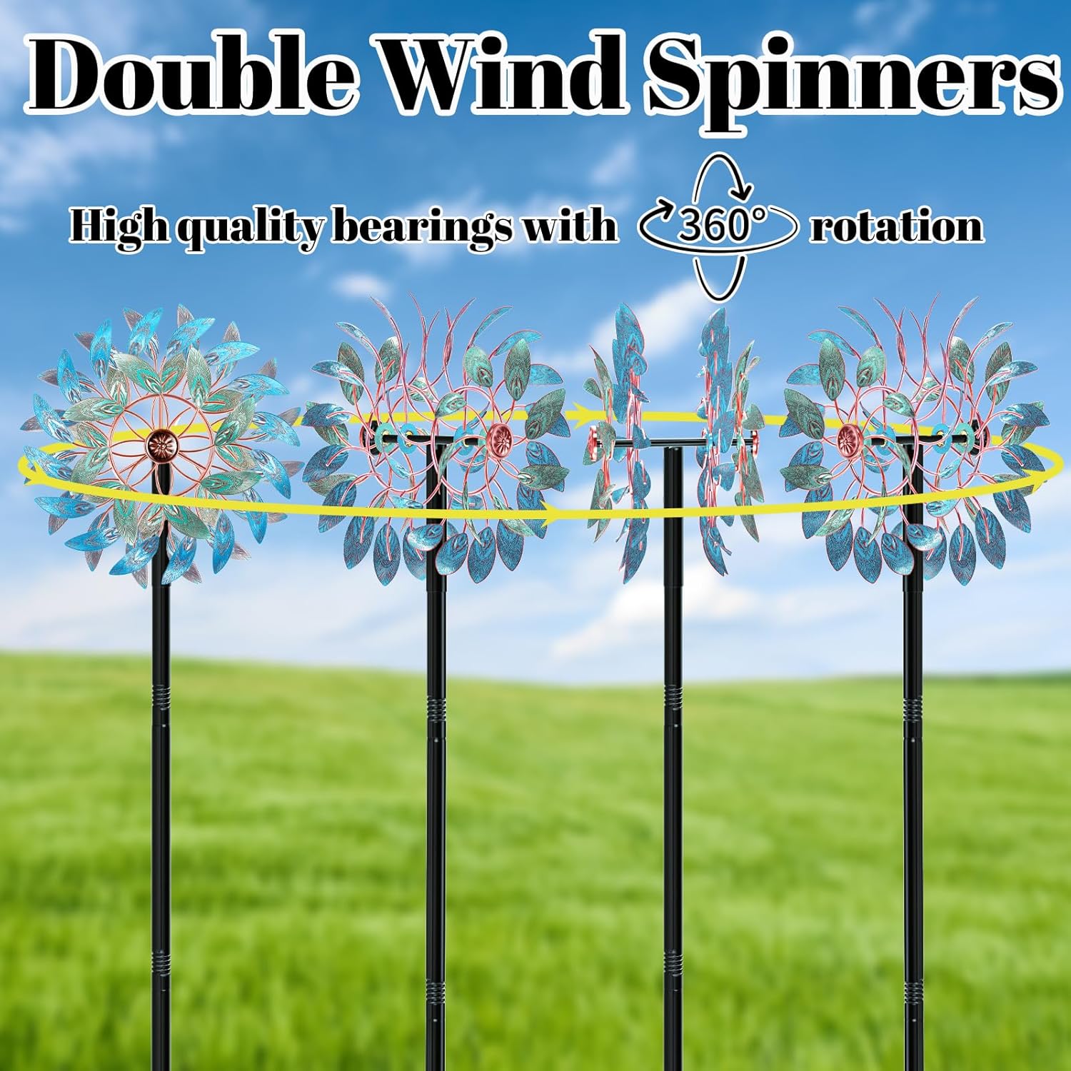 66 Inch Metal Outdoor Wind Spinner, 2-Way Wind Sculpture Spinner with Metal Stake, Waterproof 360 Degrees Kinetic Windmill Art Decoration for Patio Garden Lawn (A- Vintage Blue) thumbnail