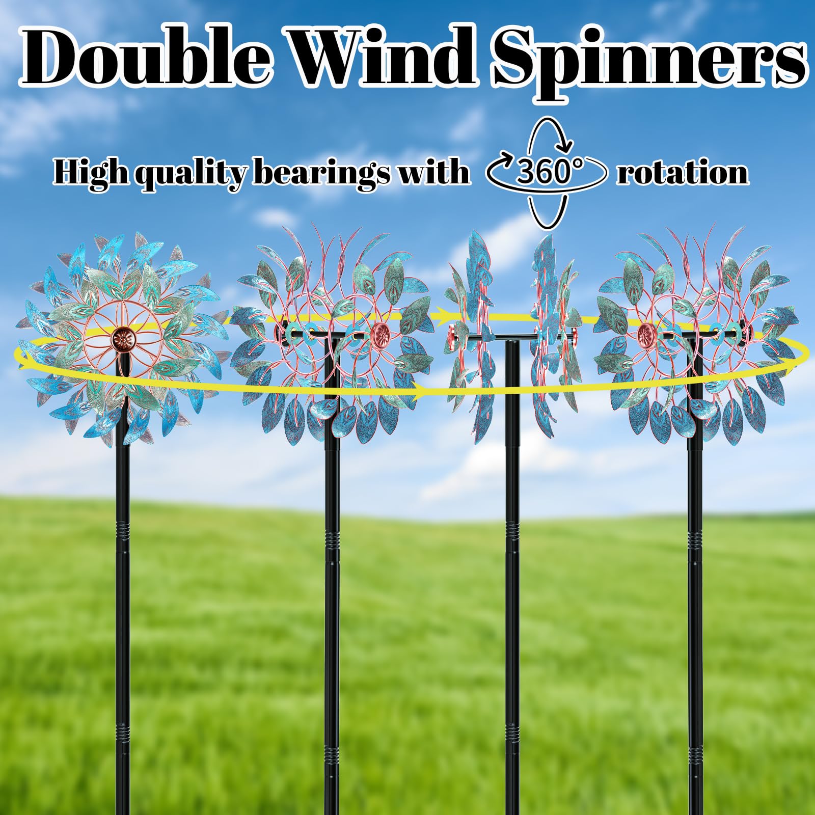 Molinillo de viento de metal para exteriores, escultura de viento de 2 vías con estaca de metal, impermeable, 360 grados, decoración artística cinética para patio, jardín, césped (A- Azul