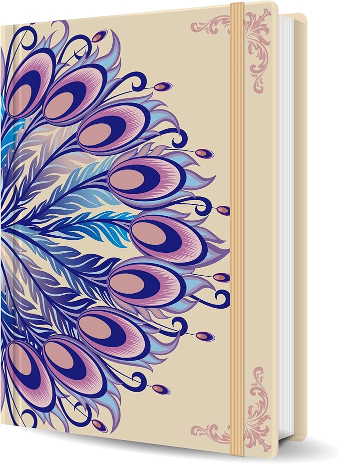TIEFOSSI A5 Journal Notebook-College Lined Ruled Hardcover Journals for Writing Women-100gsm Thick Paper 224 Numbered Pages-Peacock Feather Embossed Journal-Daily Journal for Writing