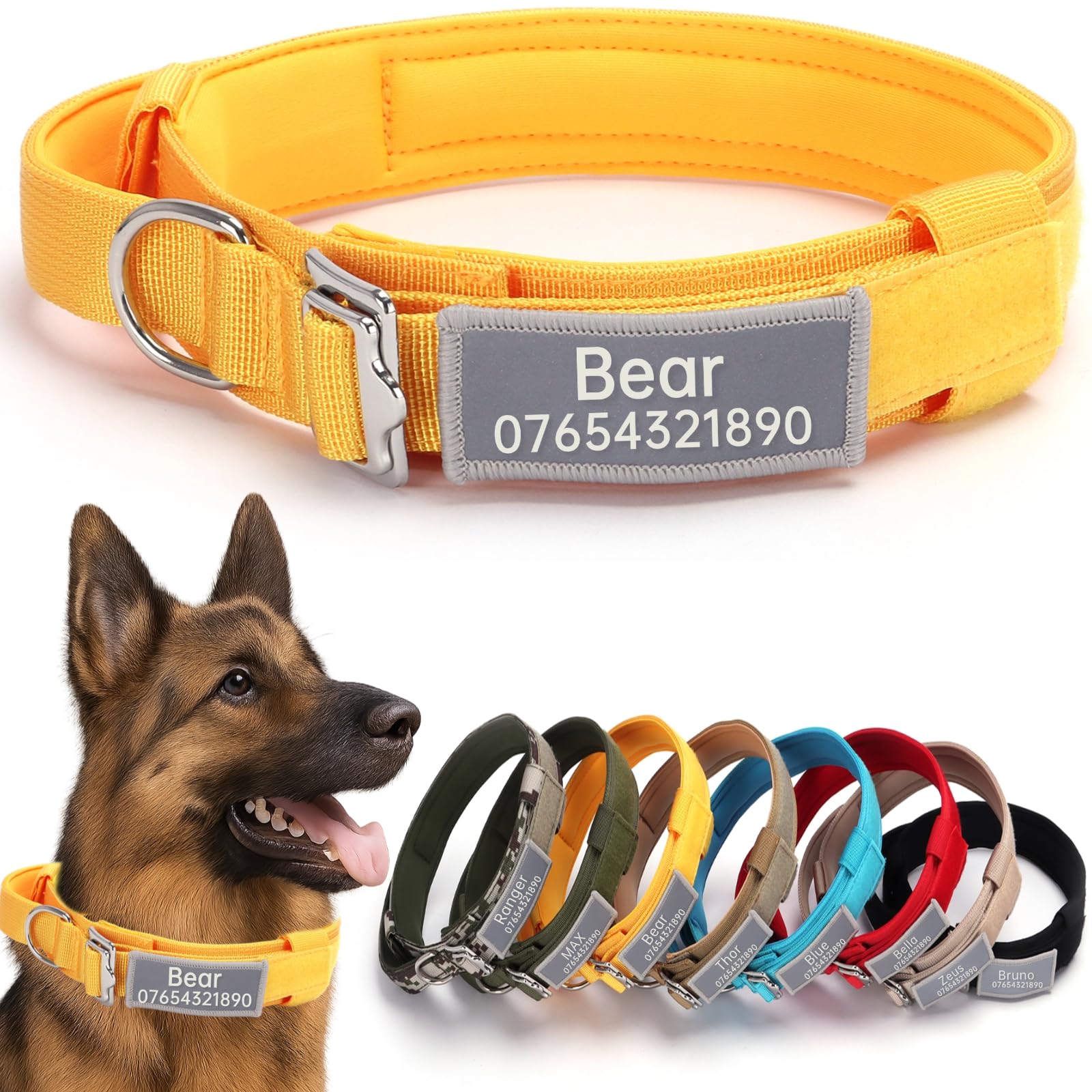 SEOUGEE Tactical Dog Collar Personalised with Handle, Soft Padded Dog Collars with Custom Reflective Name Patch, Adjustable Collars with Portable Buckle for Medium Large Dogs Training (Yellow, M) — image 1