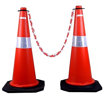 K T I Traffic Cone 750 MM Height With 2 Meter Chain For Parking Construction Industries Hospitals Malls Etc Pack Of 2 Cones Red with 2 Meter PVC Chain Red And White